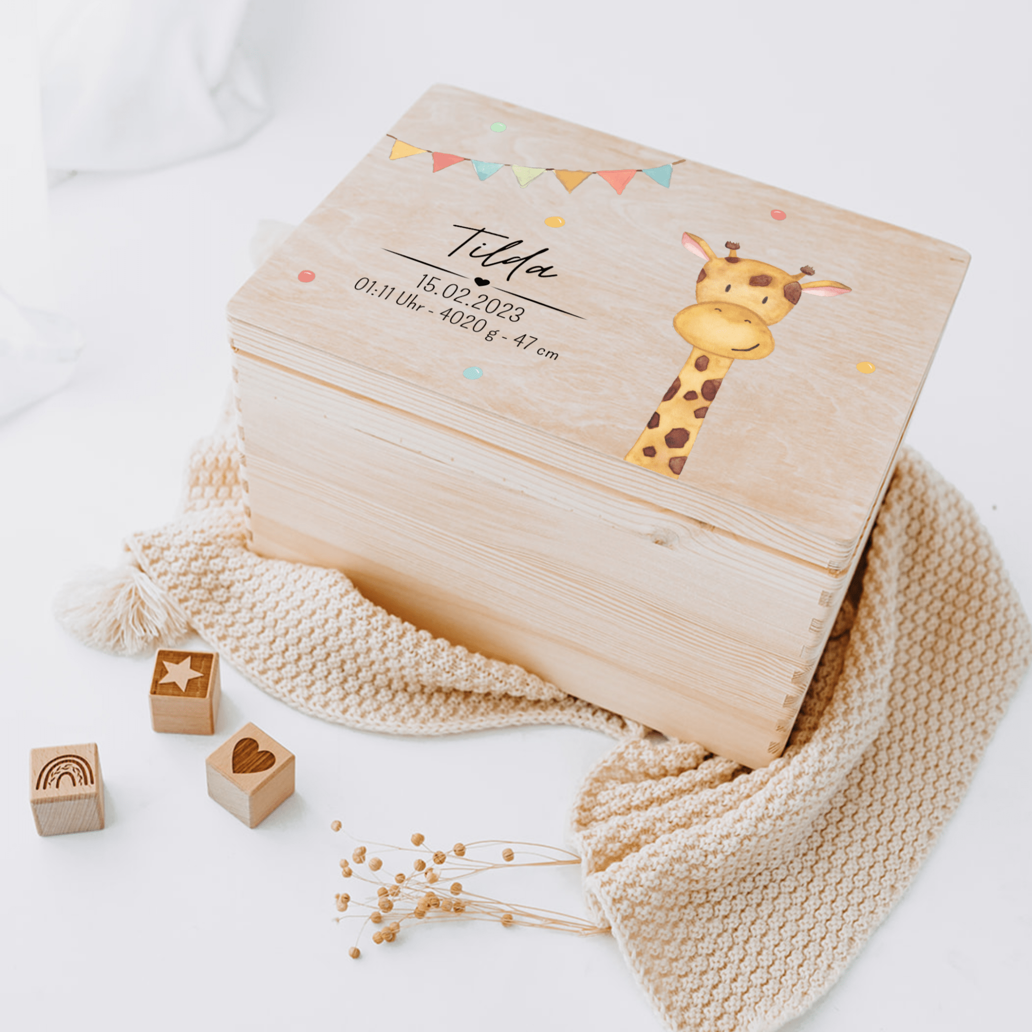 Erinnerungsbox Holz mit Wunschdaten – Tier Girlande Aquarell - wunderwunsch
