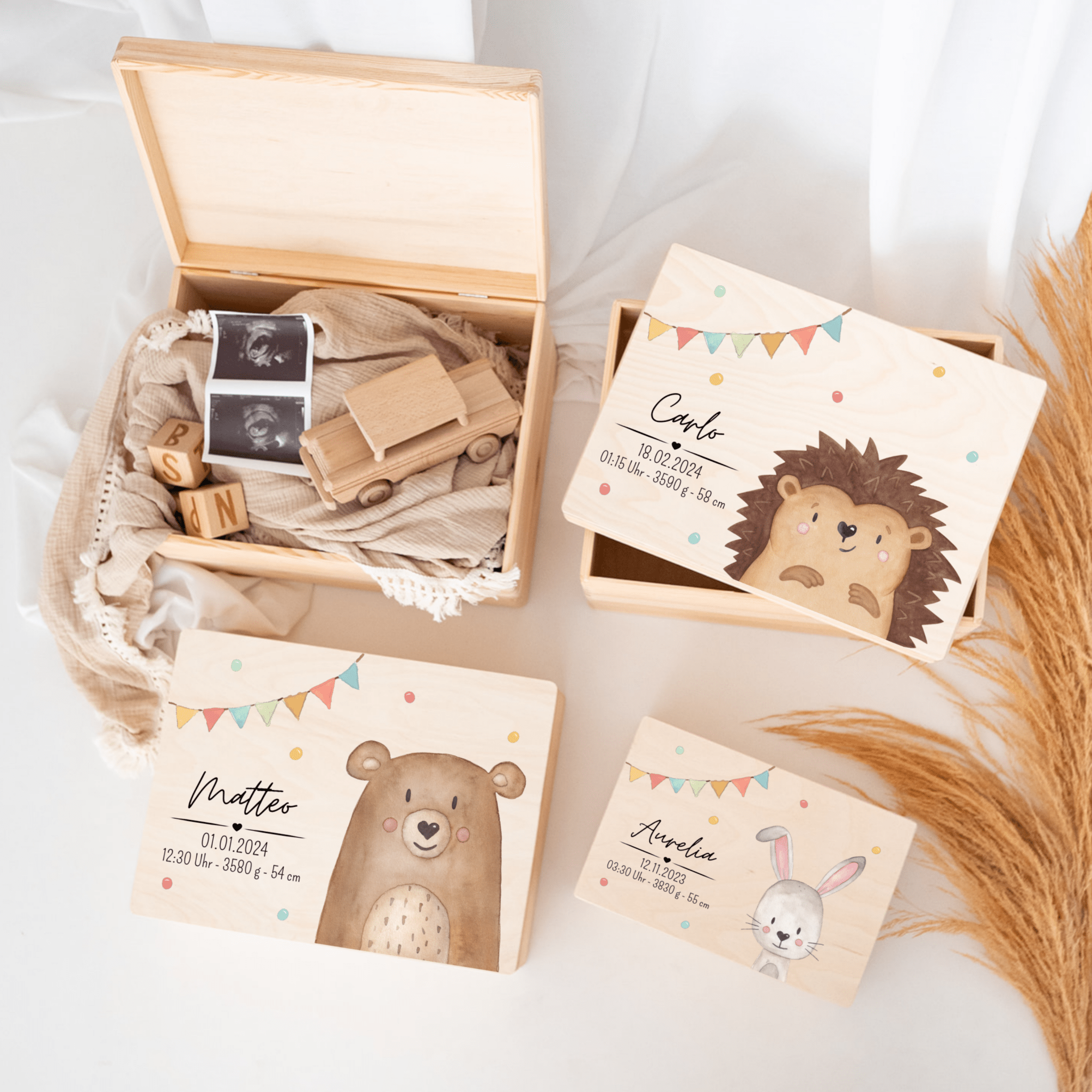 Erinnerungsbox Holz mit Wunschdaten – Tier Girlande Aquarell - wunderwunsch