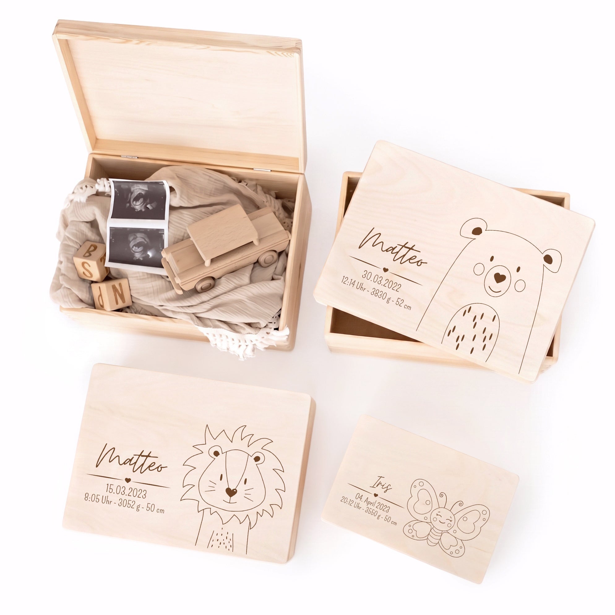 Erinnerungsbox Holz mit Wunschdaten – Tier Gravur - wunderwunsch