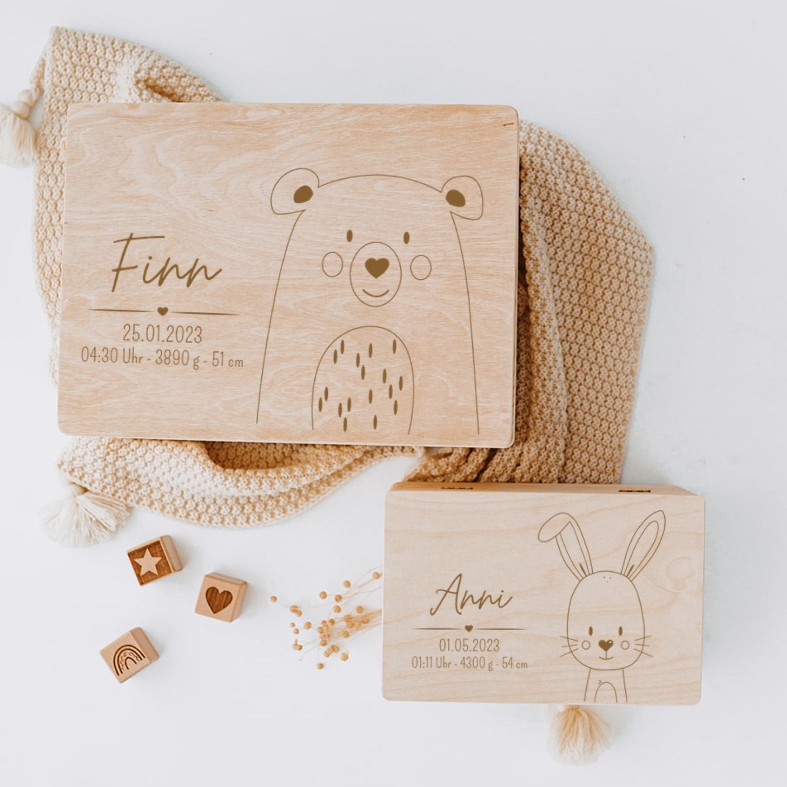 Erinnerungsbox Holz mit Wunschdaten – Tier Gravur - wunderwunsch