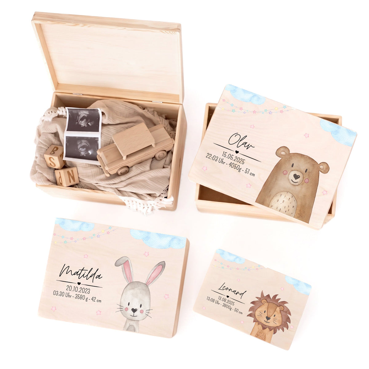 Erinnerungsbox Holz mit Wunschdaten – Tier Wolken Sterne blau Aquarell - wunderwunsch