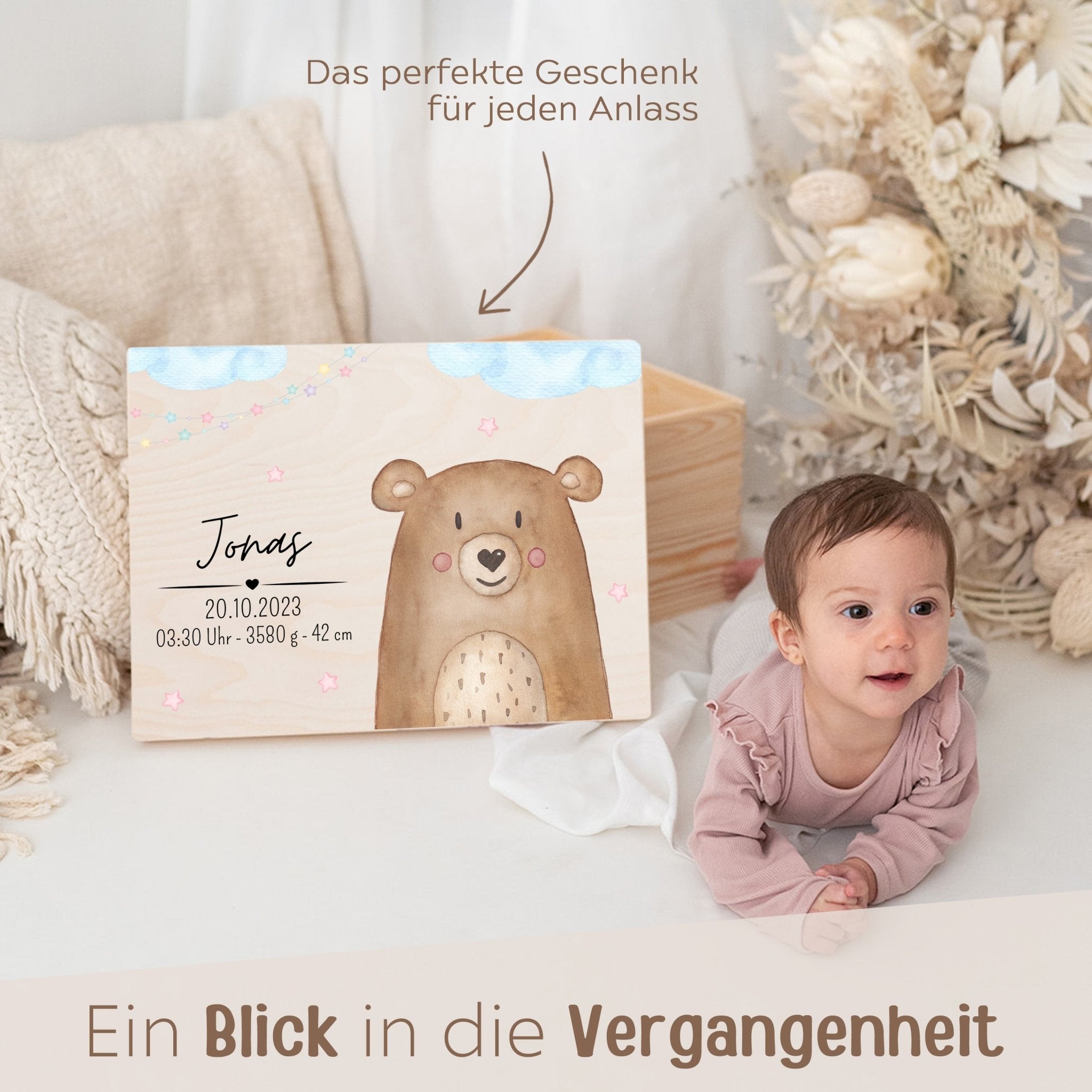Erinnerungsbox Holz mit Wunschdaten – Tier Wolken Sterne blau Aquarell - wunderwunsch