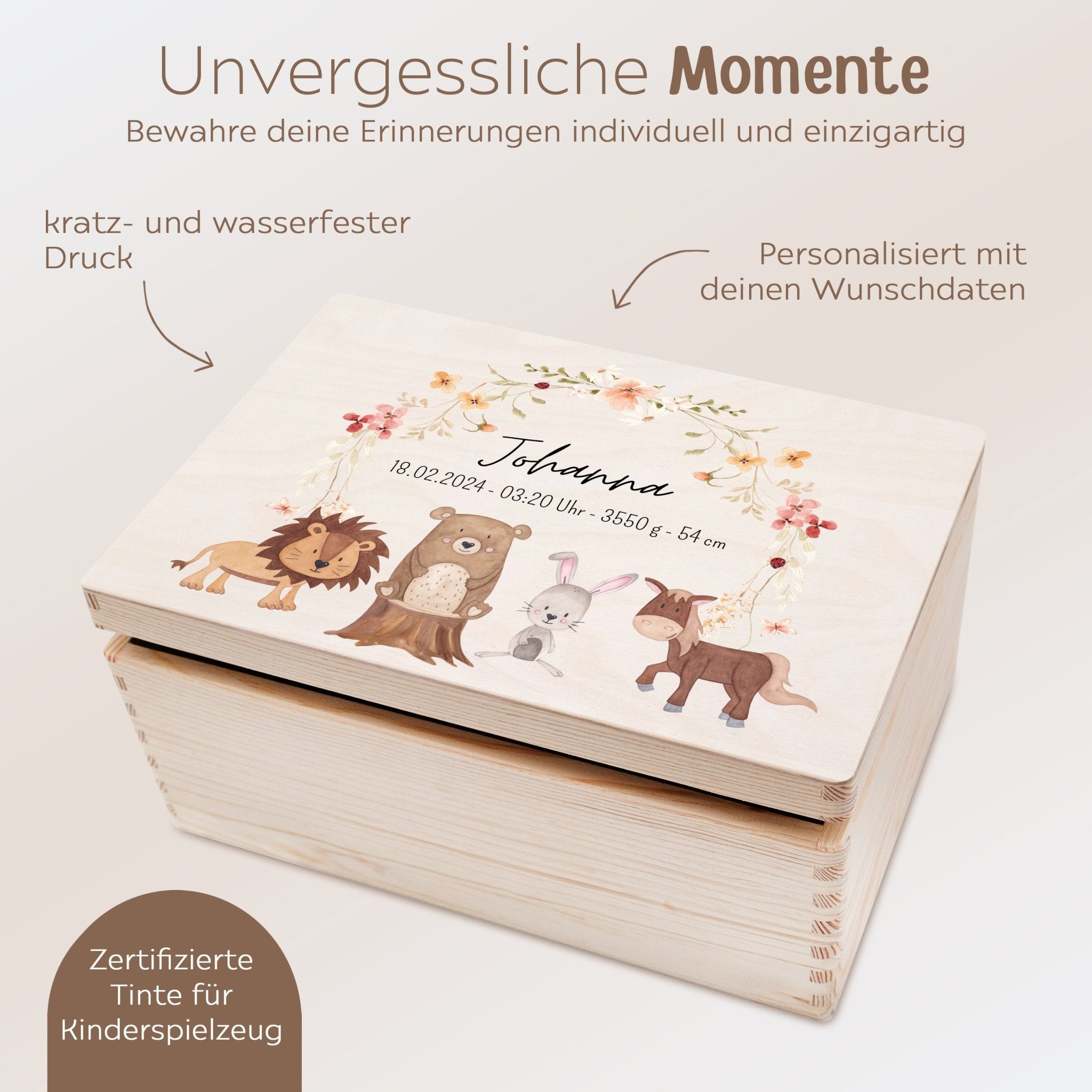 Erinnerungsbox Holz mit Wunschdaten – Tiere Blumenkreis rosa Aquarell - wunderwunsch
