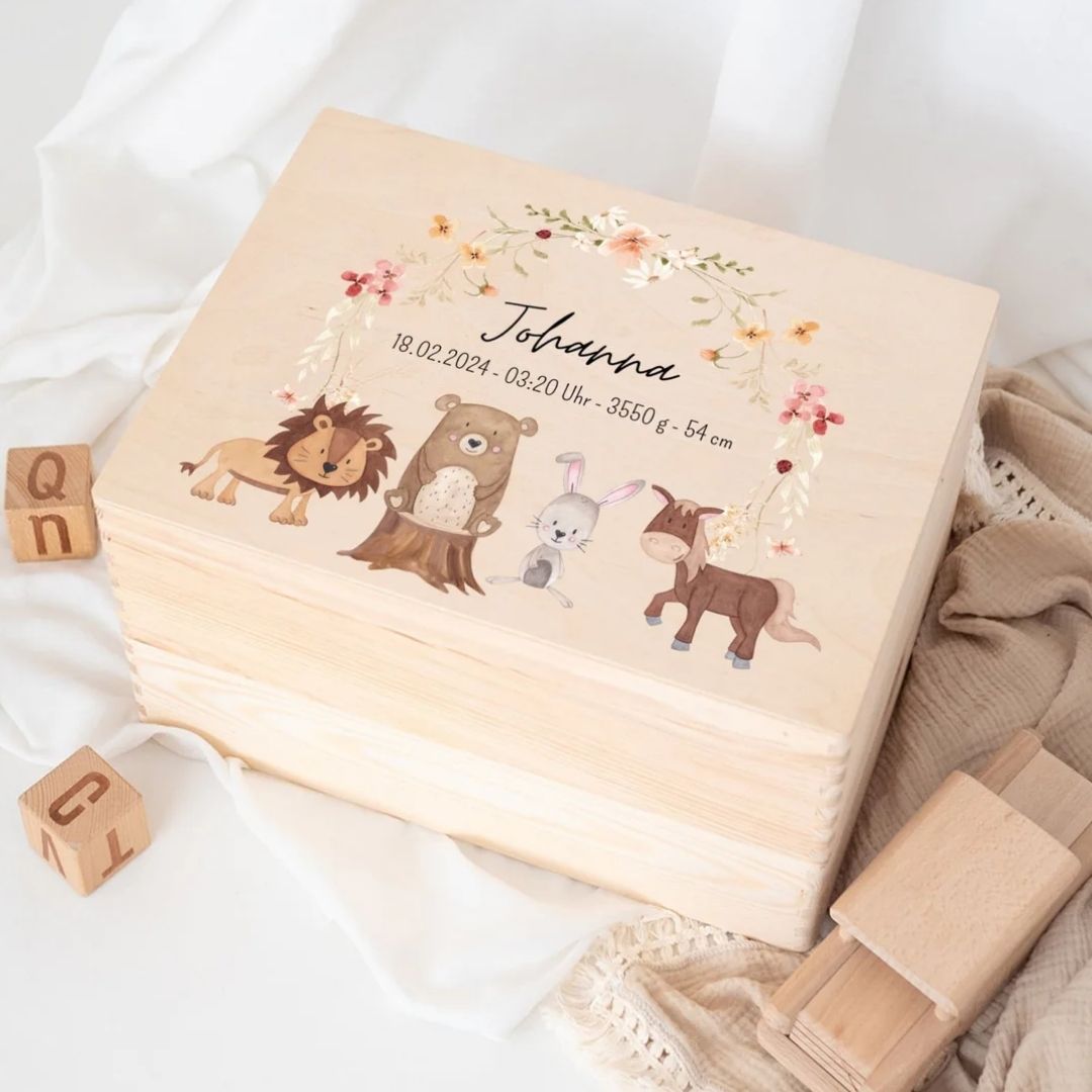 Erinnerungsbox Holz mit Wunschdaten – Tiere Blumenkreis rosa Aquarell - wunderwunsch