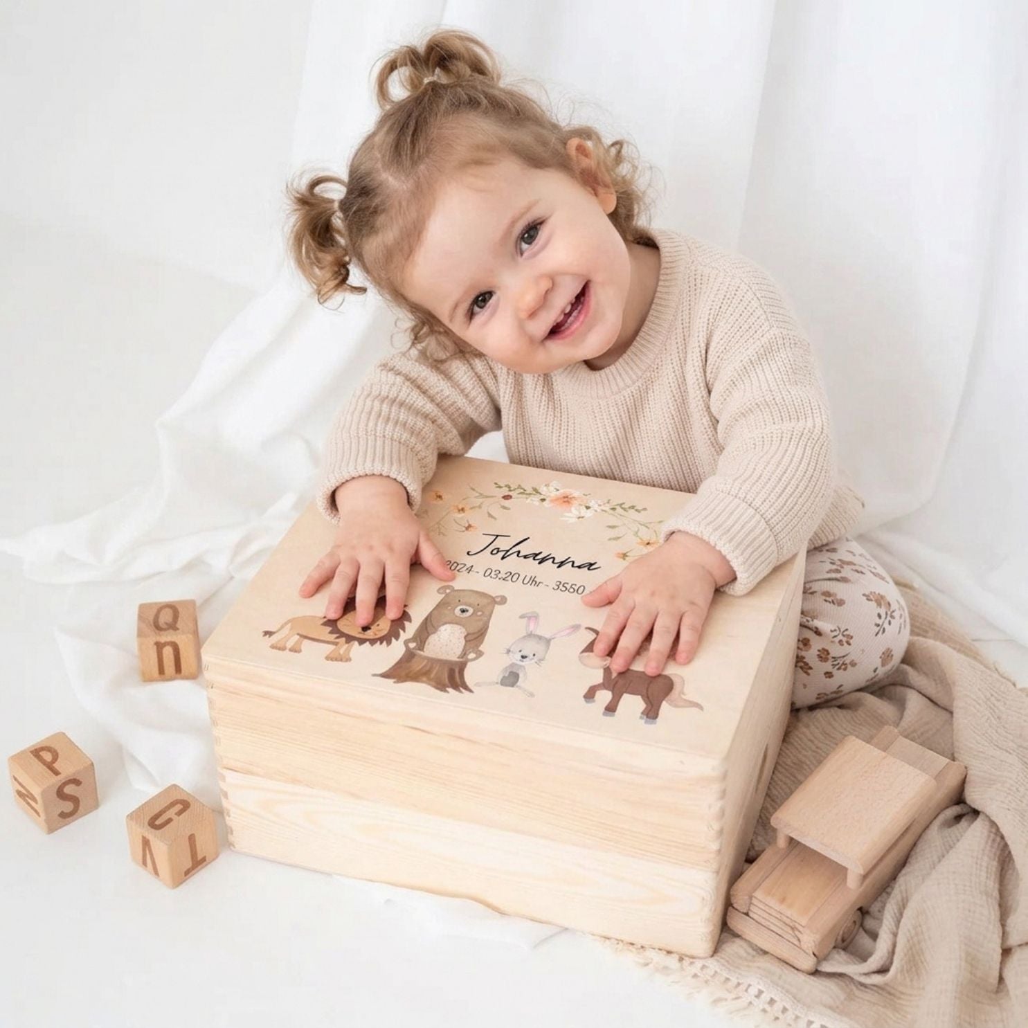 Erinnerungsbox Holz mit Wunschdaten – Tiere Blumenkreis rosa Aquarell - wunderwunsch