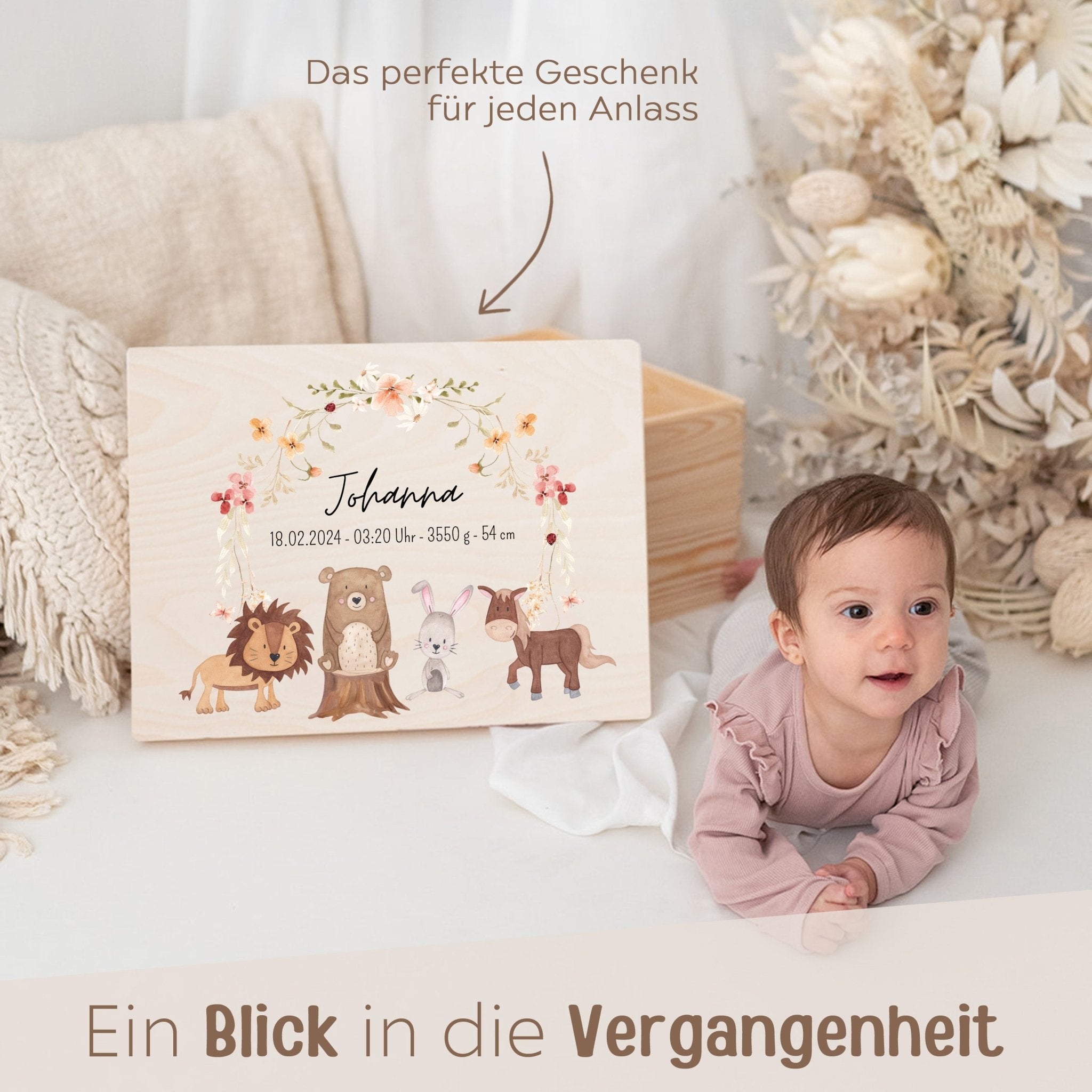 Erinnerungsbox Holz mit Wunschdaten – Tiere Blumenkreis rosa Aquarell - wunderwunsch