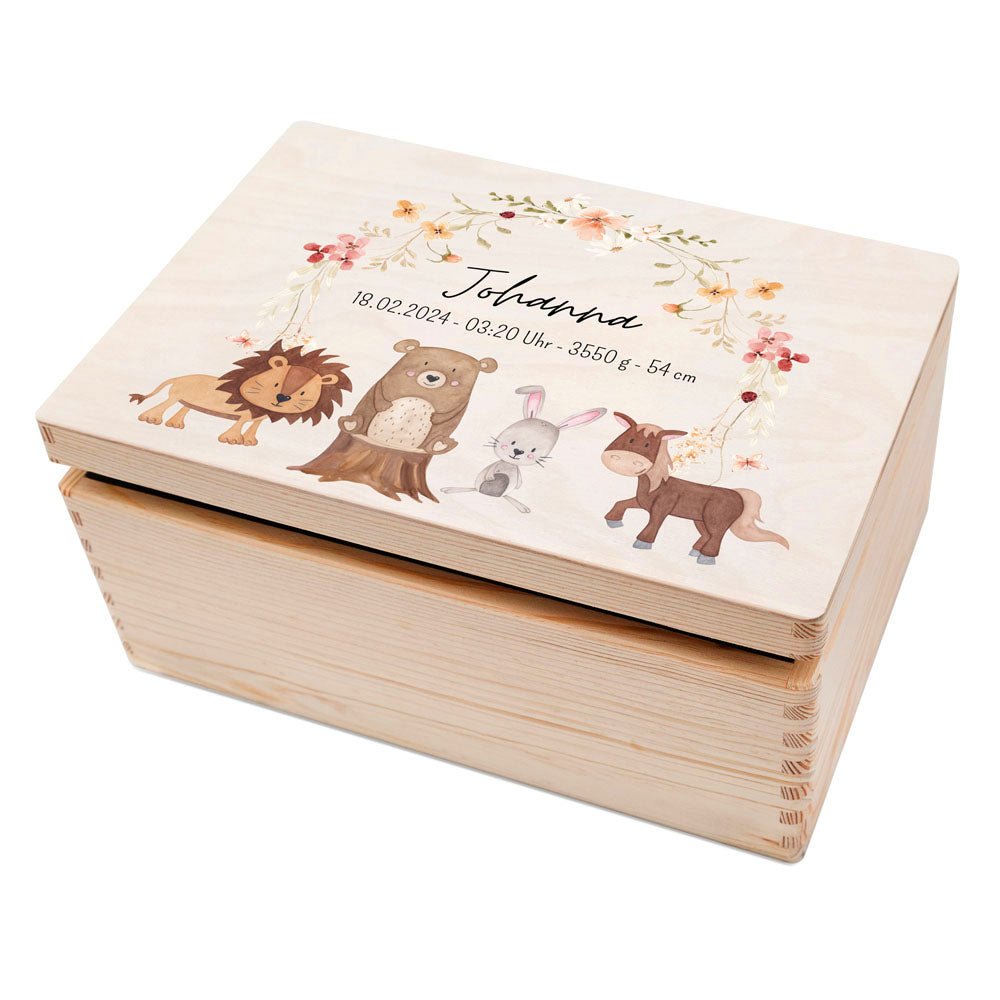 Erinnerungsbox Holz mit Wunschdaten – Tiere Blumenkreis rosa Aquarell - wunderwunsch