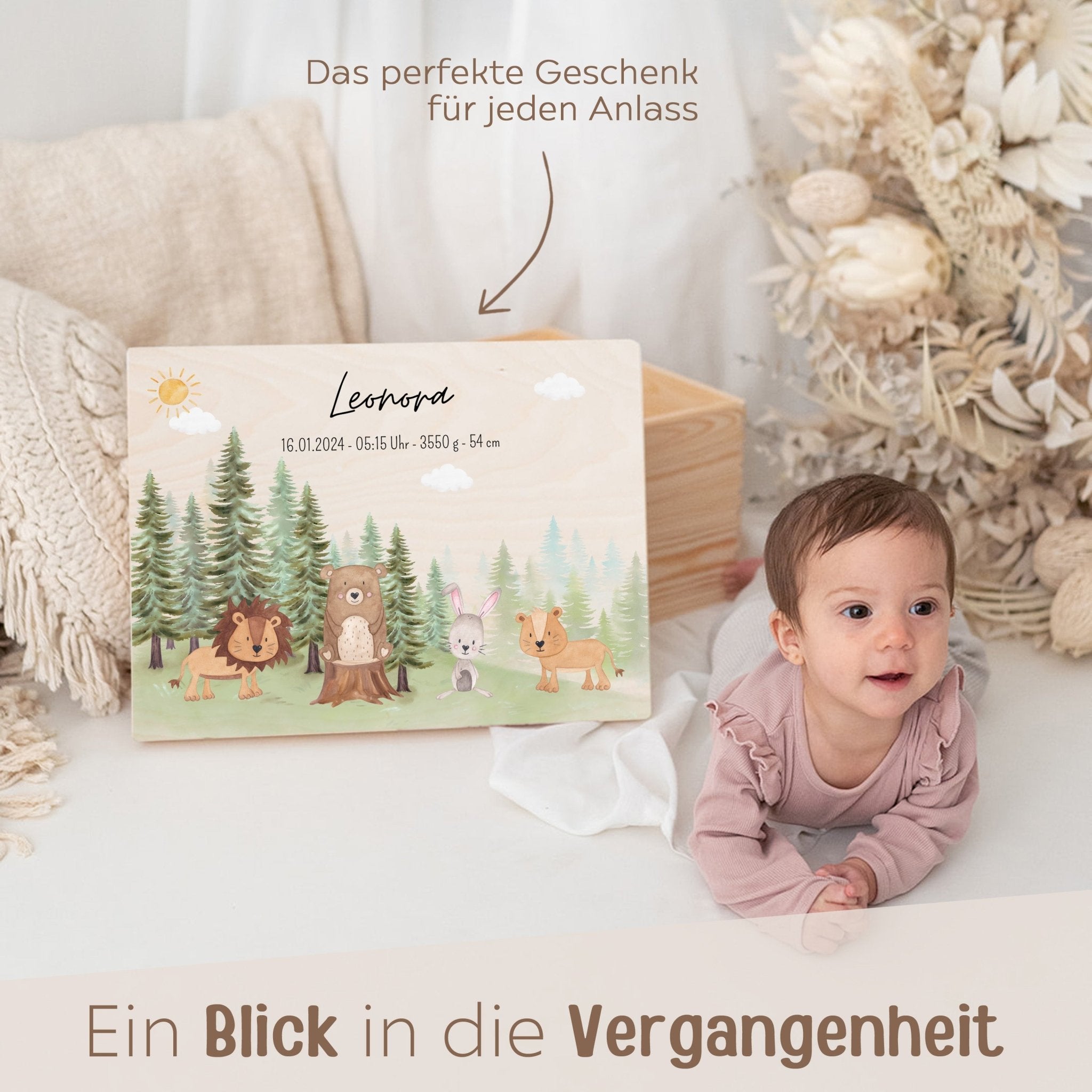 Erinnerungsbox Holz mit Wunschdaten – Tiere Nadelwald Aquarell - wunderwunsch