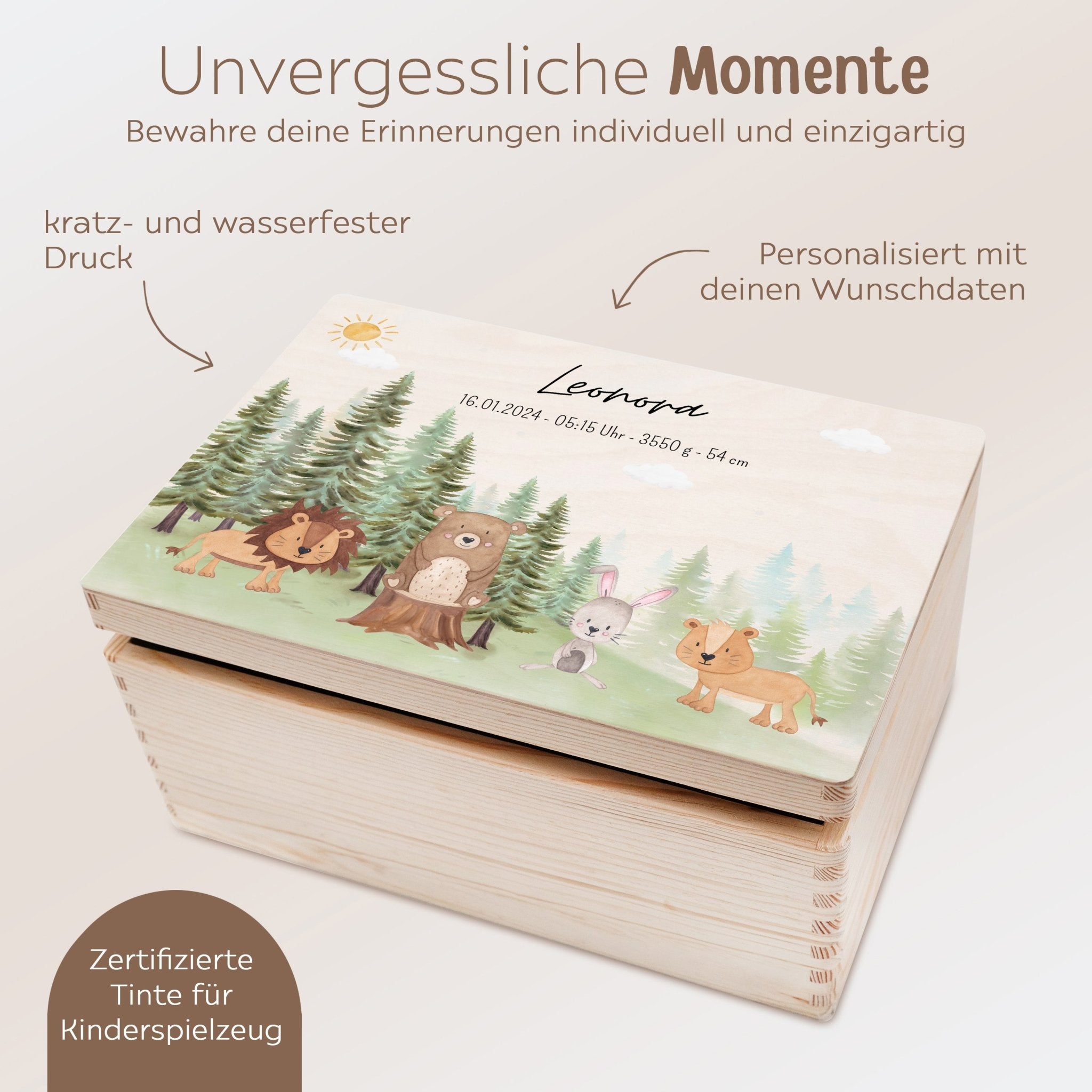 Erinnerungsbox Holz mit Wunschdaten – Tiere Nadelwald Aquarell - wunderwunsch