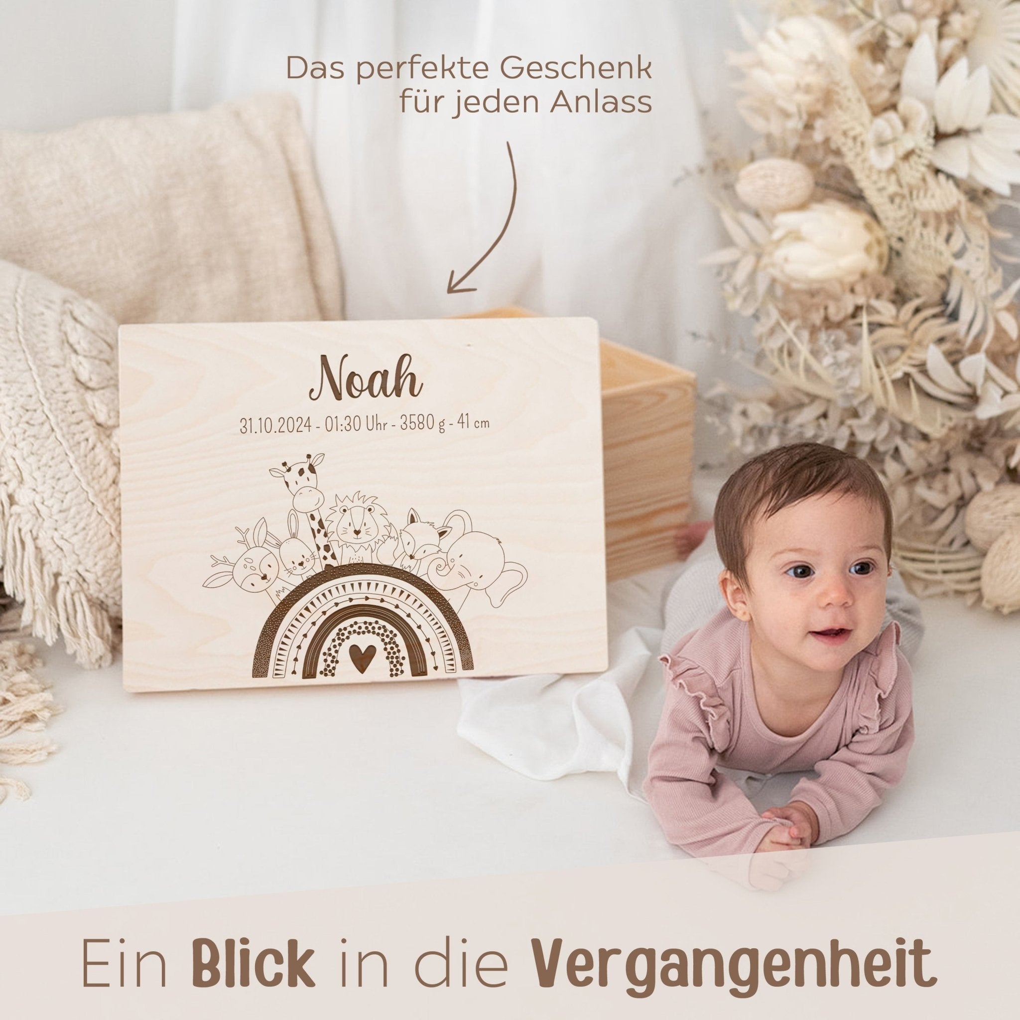 Erinnerungsbox Holz mit Wunschdaten – Tiere Regenbogen Gravur - wunderwunsch