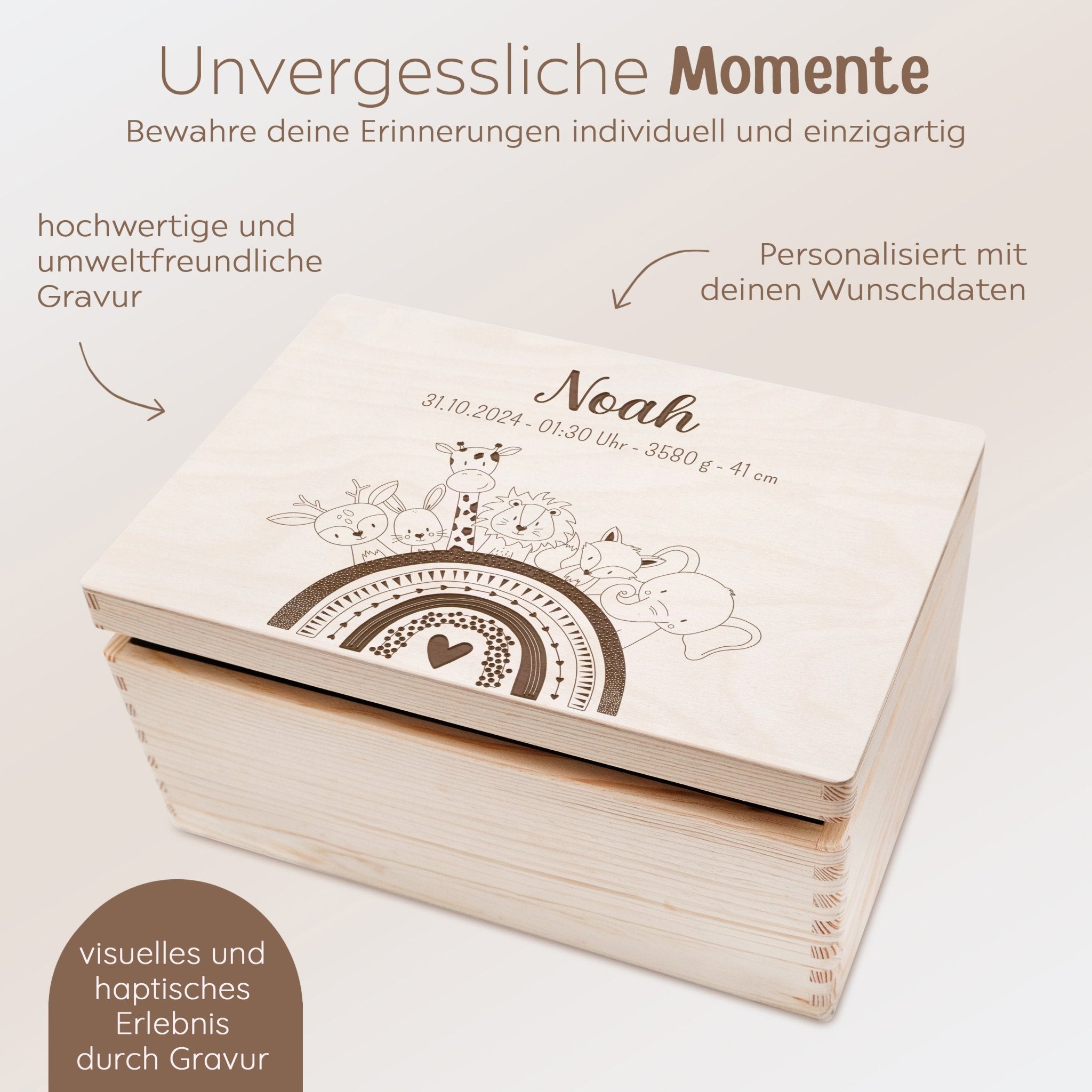Erinnerungsbox Holz mit Wunschdaten – Tiere Regenbogen Gravur - wunderwunsch