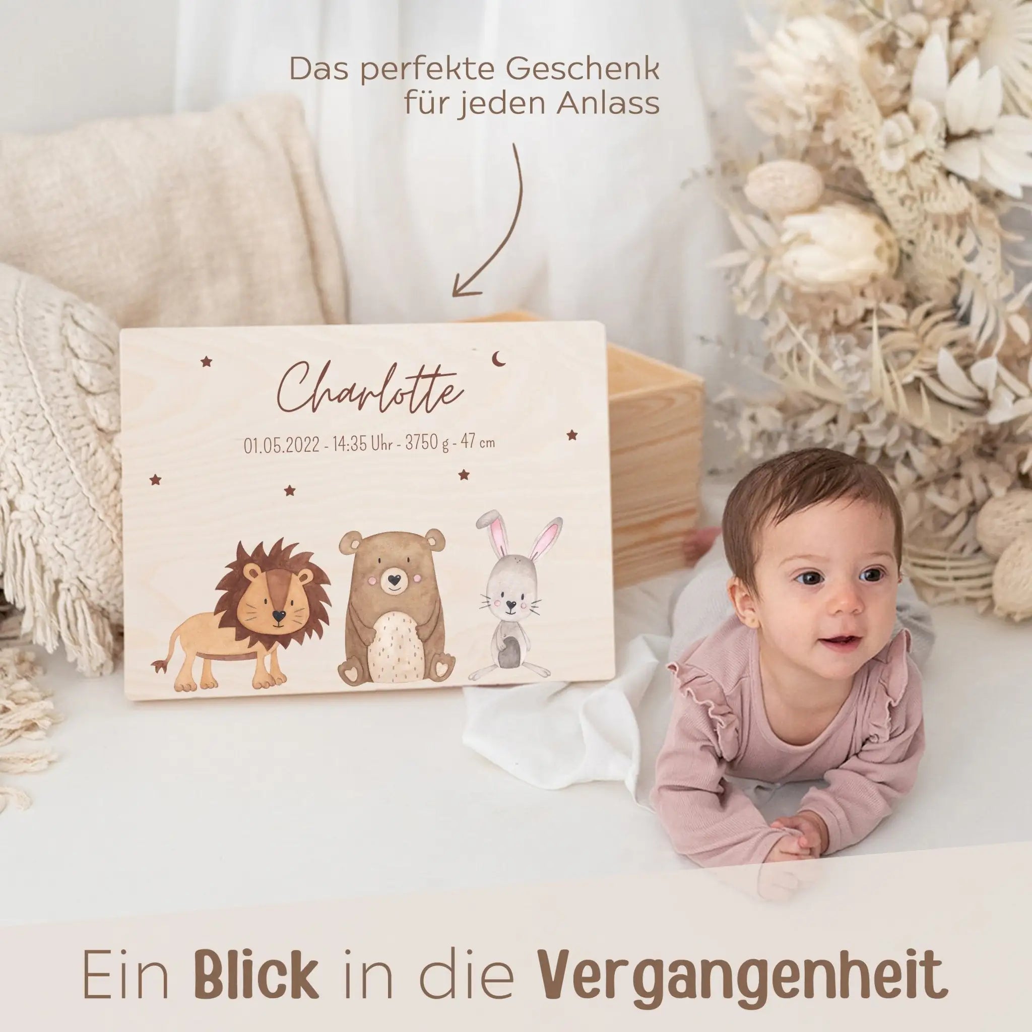 Erinnerungsbox Holz mit Wunschdaten – Tiere Sternenhimmel Aquarell - wunderwunsch