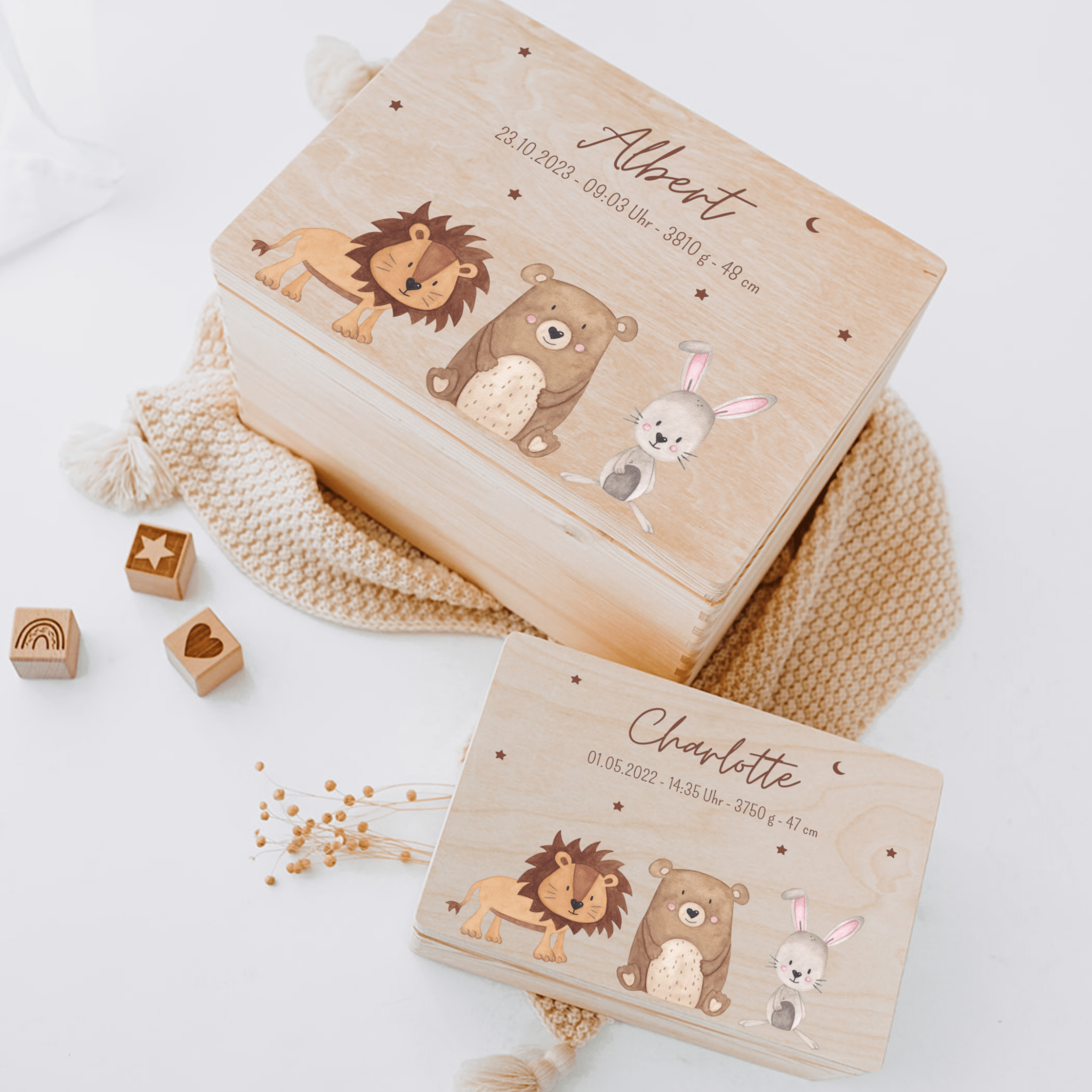 Erinnerungsbox Holz mit Wunschdaten – Tiere Sternenhimmel Aquarell - wunderwunsch