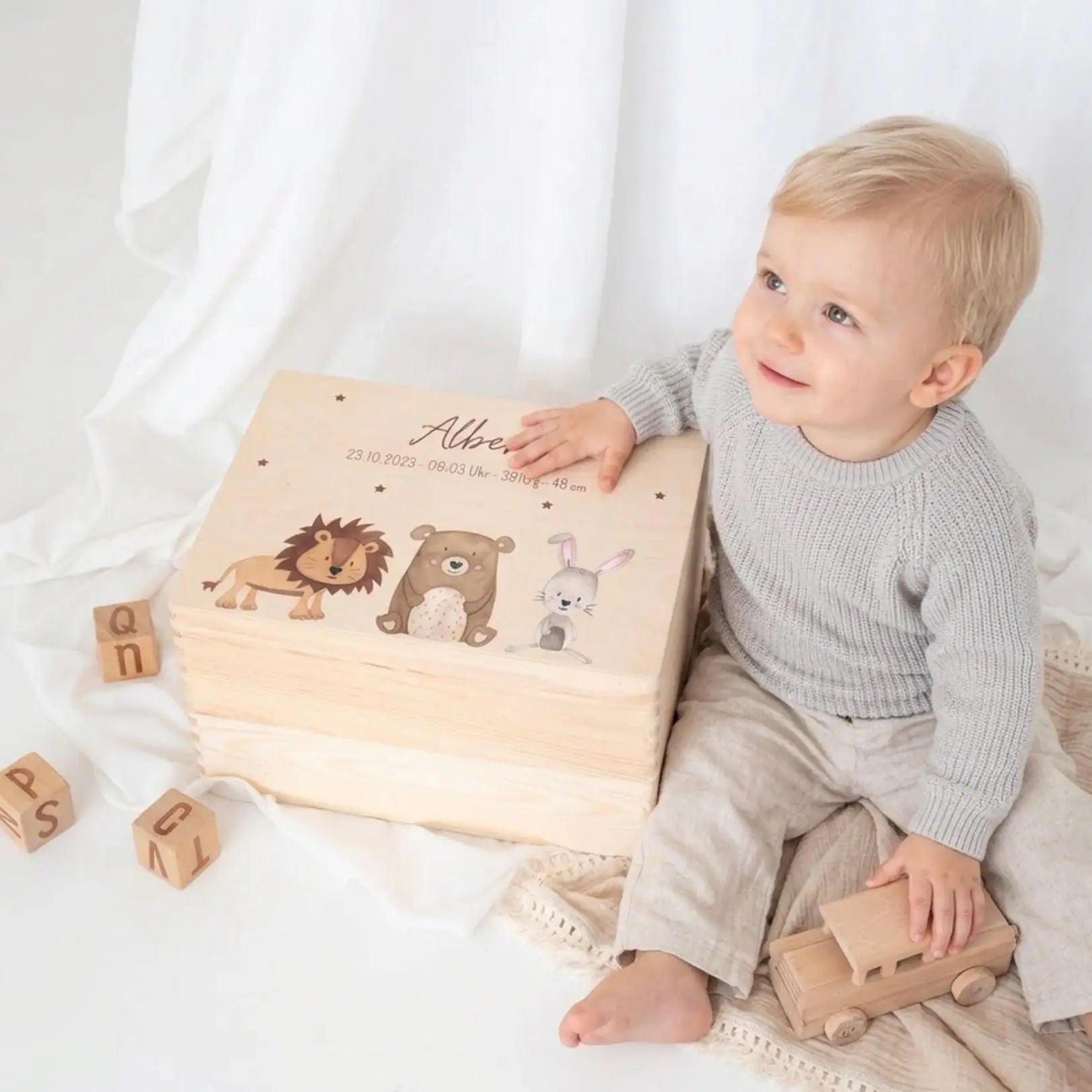 Erinnerungsbox Holz mit Wunschdaten – Tiere Sternenhimmel Aquarell
