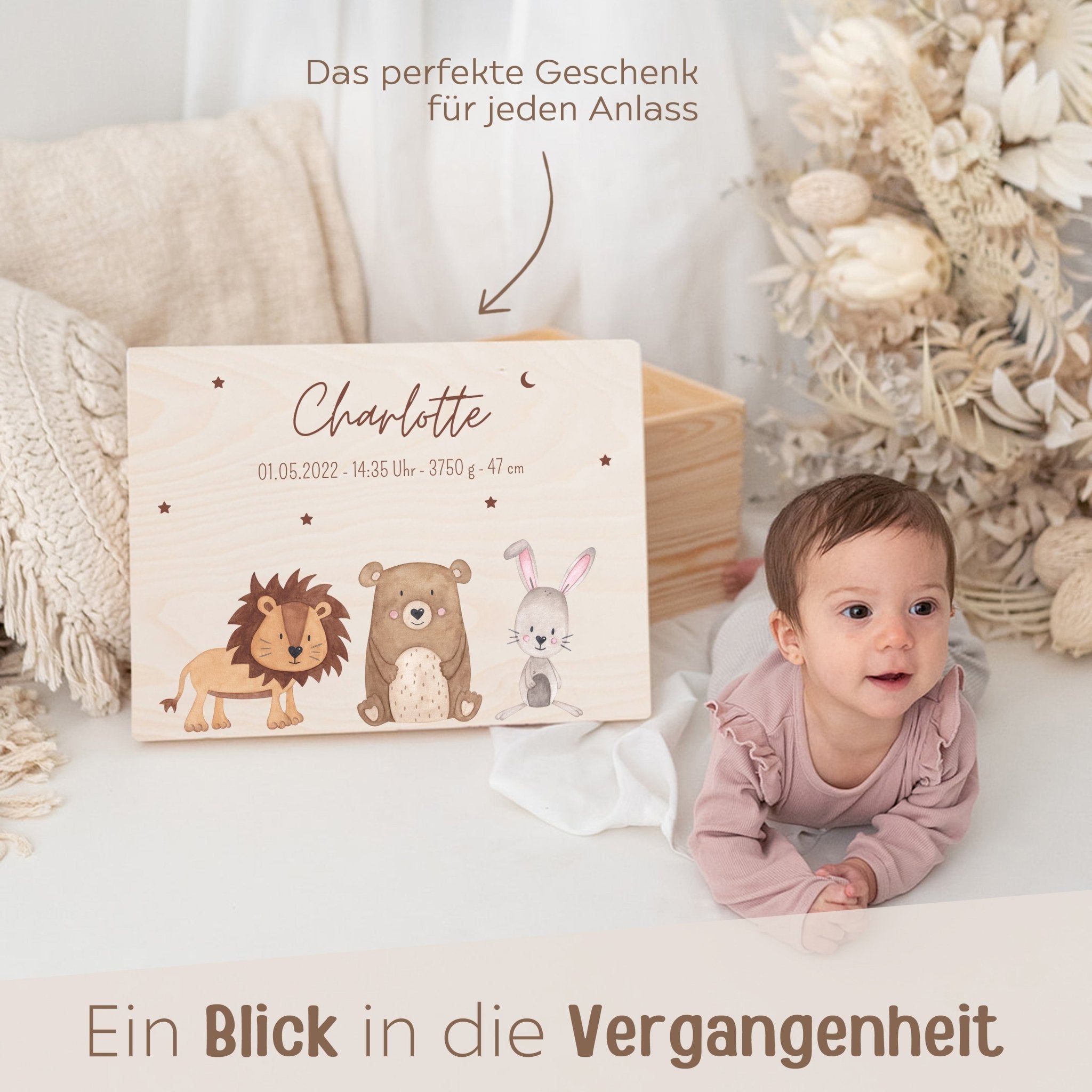 Erinnerungsbox Holz mit Wunschdaten – Tiere Sternenhimmel Aquarell - wunderwunsch