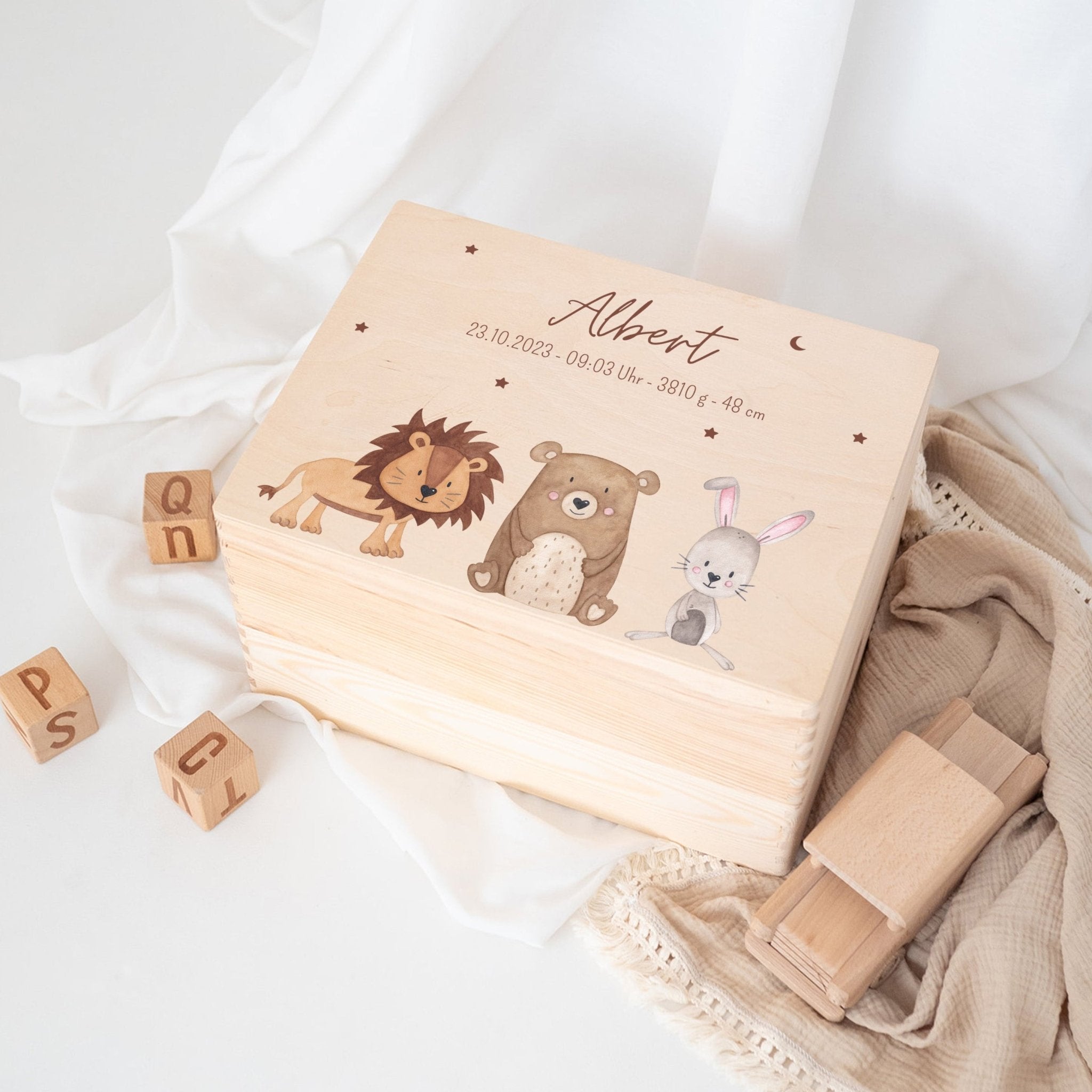 Erinnerungsbox Holz mit Wunschdaten – Tiere Sternenhimmel Aquarell - wunderwunsch