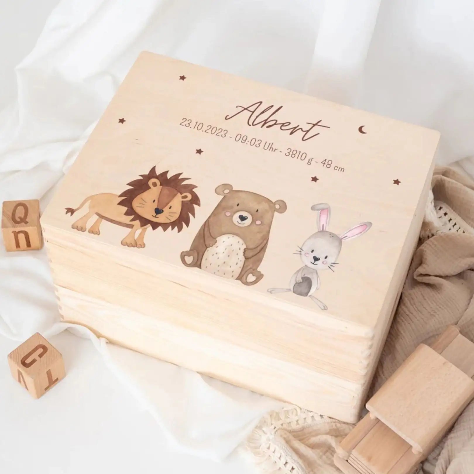 Erinnerungsbox Holz mit Wunschdaten – Tiere Sternenhimmel Aquarell - wunderwunsch