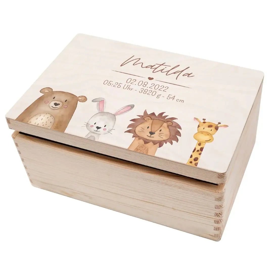 Erinnerungsbox Holz mit Wunschdaten – Tiere unten Aquarell - wunderwunsch