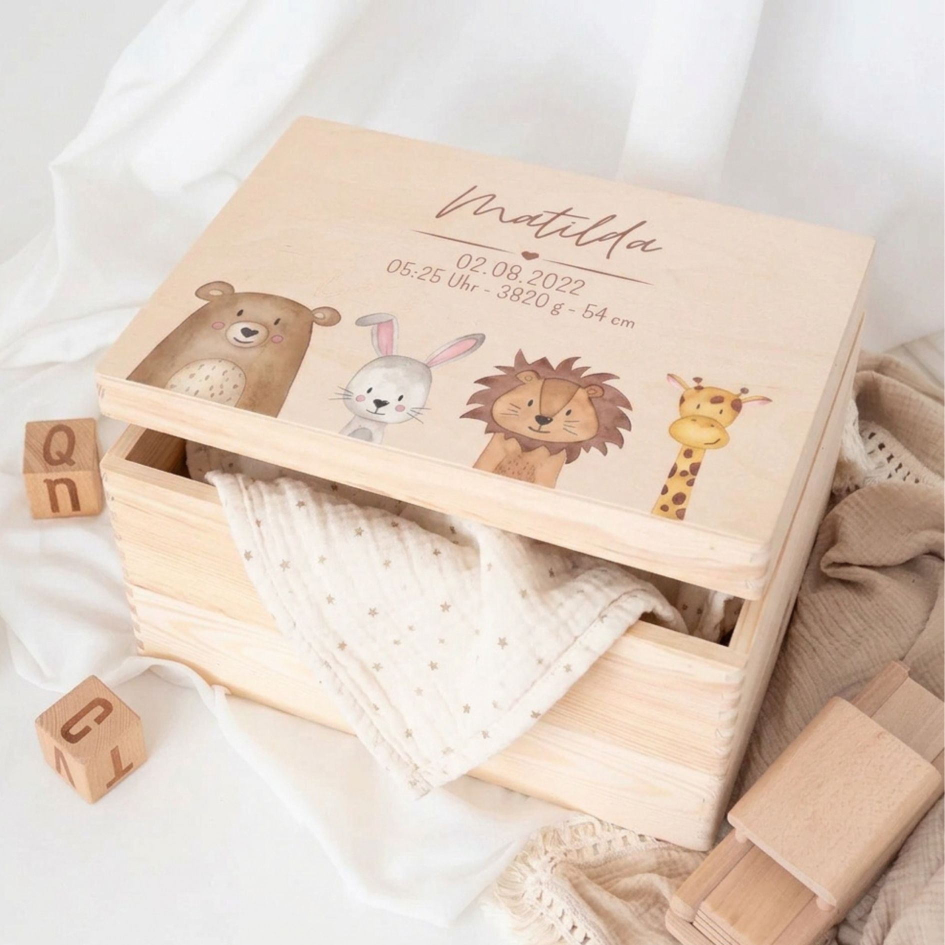 Erinnerungsbox Holz mit Wunschdaten – Tiere unten Aquarell - wunderwunsch