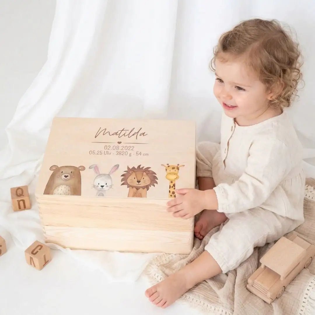 Erinnerungsbox Holz mit Wunschdaten – Tiere unten Aquarell - wunderwunsch