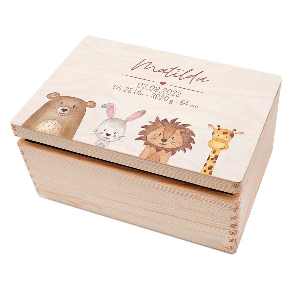 Erinnerungsbox Holz mit Wunschdaten – Tiere unten Aquarell - wunderwunsch
