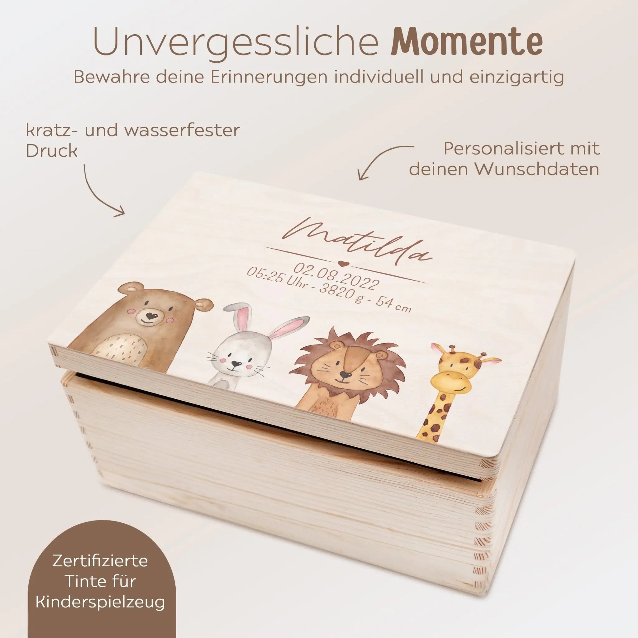 Erinnerungsbox Holz mit Wunschdaten – Tiere unten Aquarell - wunderwunsch