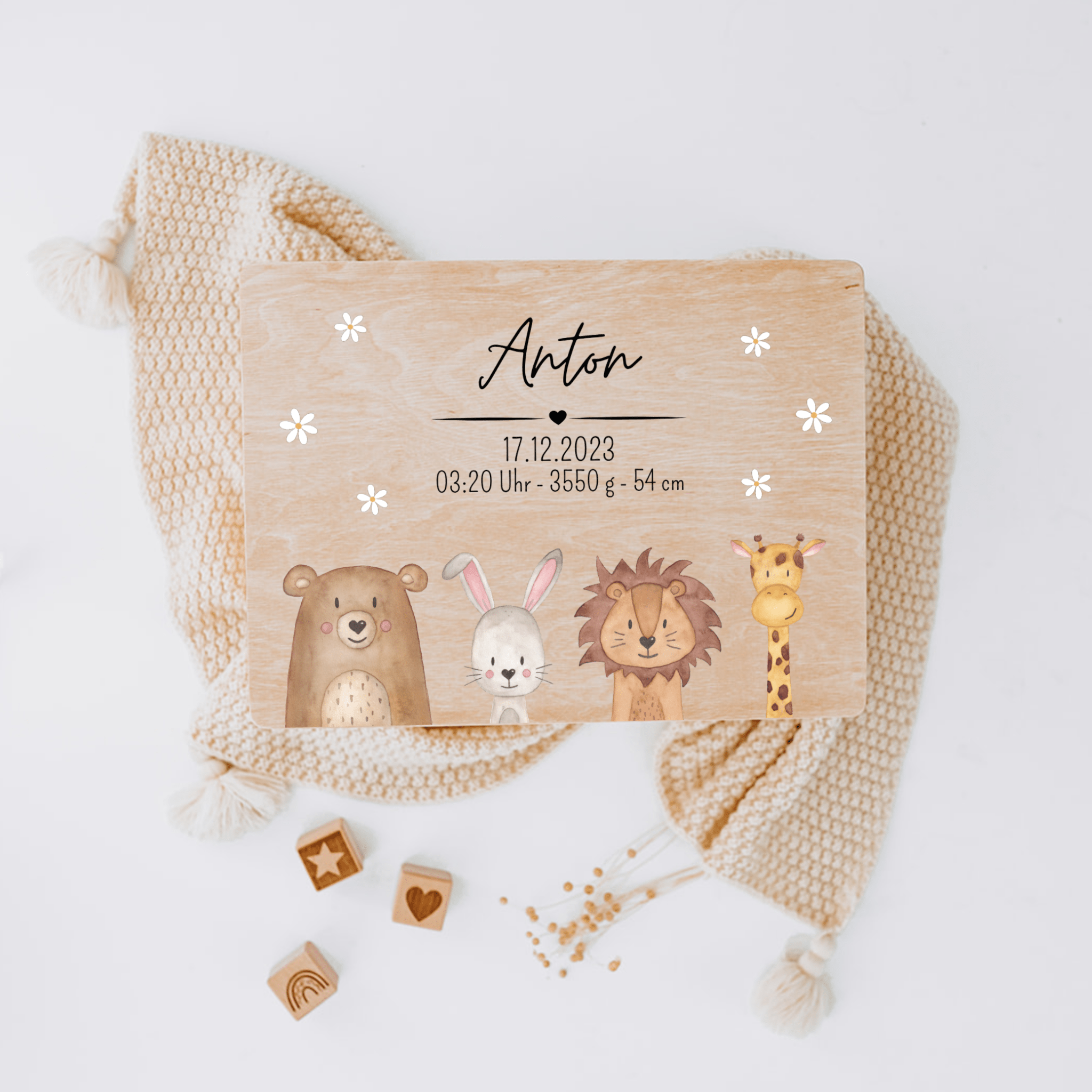 Erinnerungsbox Holz mit Wunschdaten – Tiere unten Blümchen Aquarell - wunderwunsch