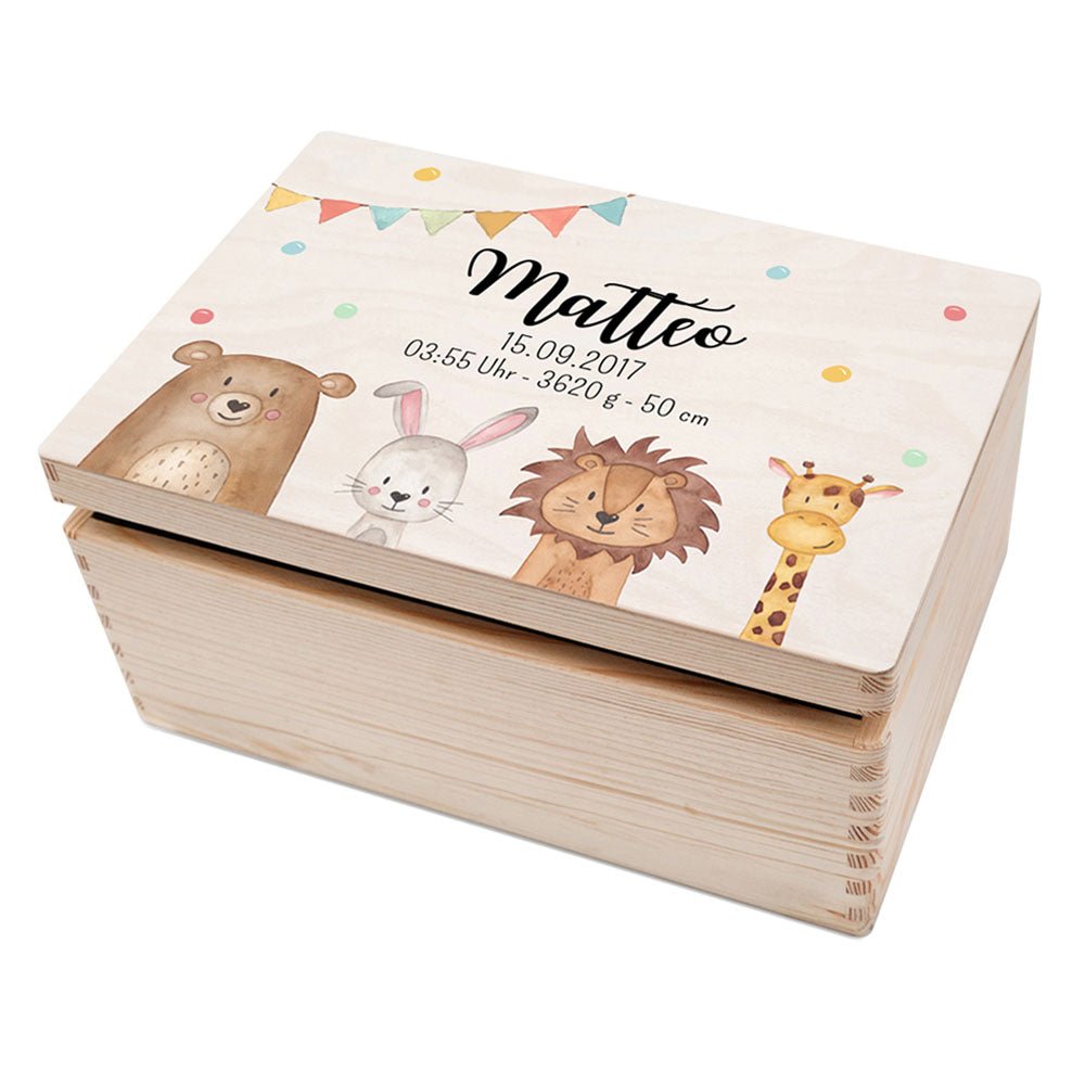 Erinnerungsbox Holz mit Wunschdaten – Tiere unten Girlande Aquarell - wunderwunsch