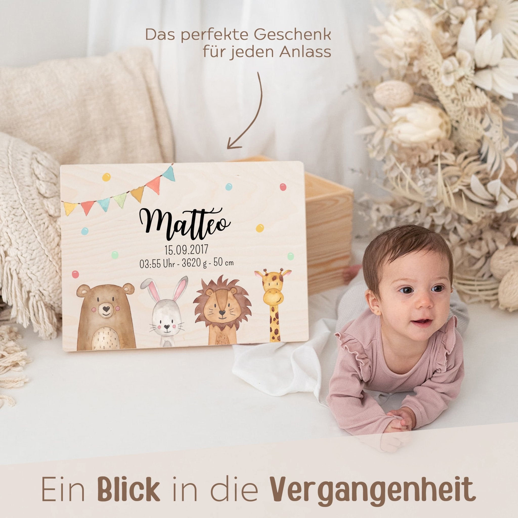 Erinnerungsbox Holz mit Wunschdaten – Tiere unten Girlande Aquarell - wunderwunsch