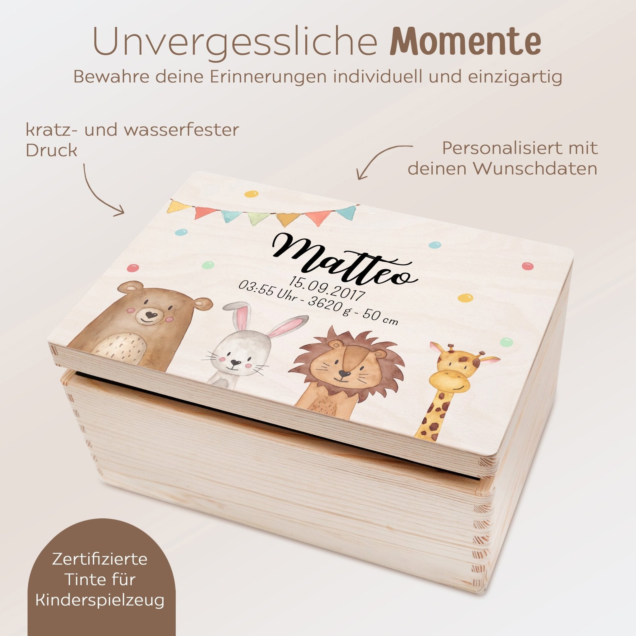 Erinnerungsbox Holz mit Wunschdaten – Tiere unten Girlande Aquarell - wunderwunsch