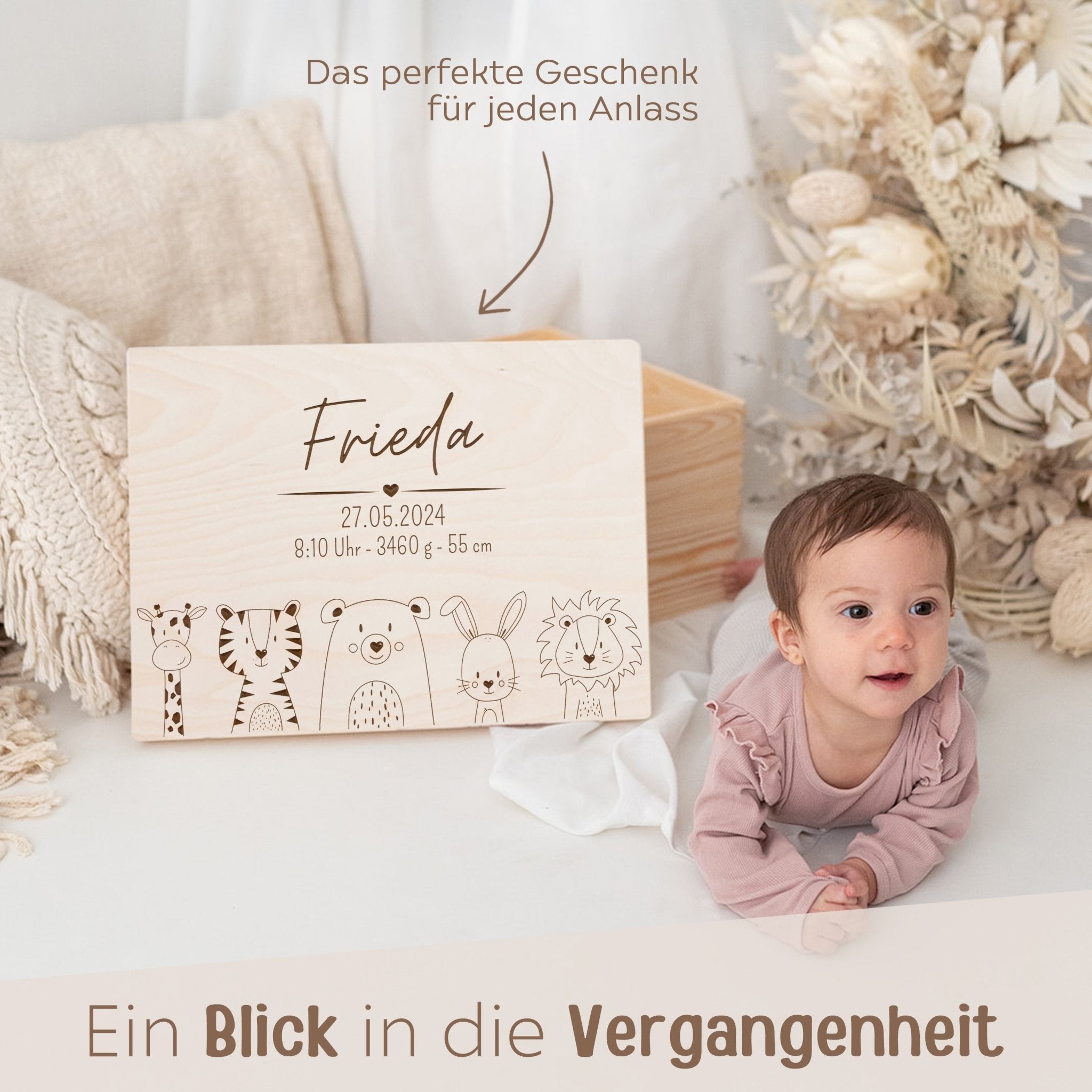 Erinnerungsbox Holz mit Wunschdaten – Tiere unten Gravur - wunderwunsch