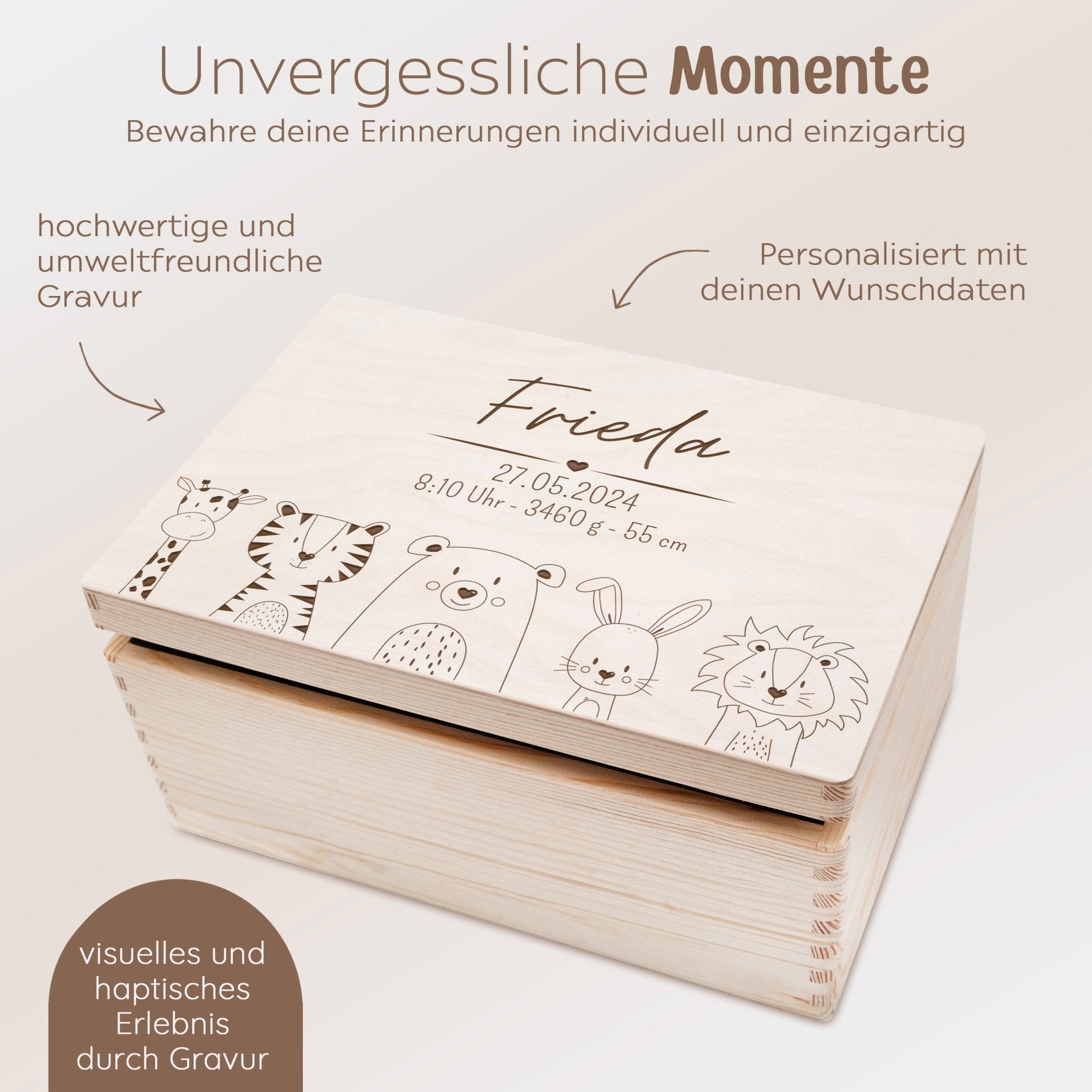 Erinnerungsbox Holz mit Wunschdaten – Tiere unten Gravur - wunderwunsch