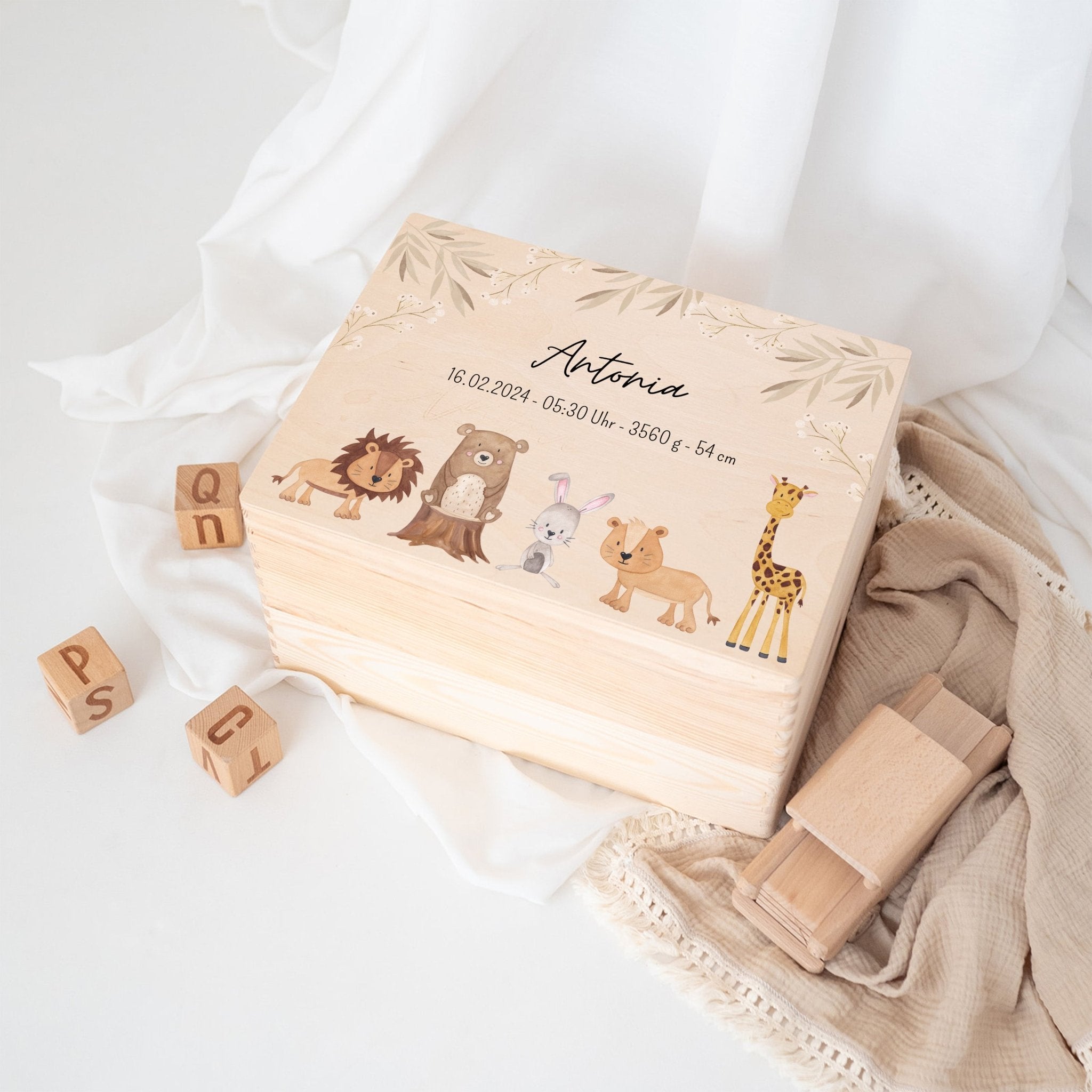 Erinnerungsbox Holz mit Wunschdaten – Tiere Zweige beige Aquarell - wunderwunsch