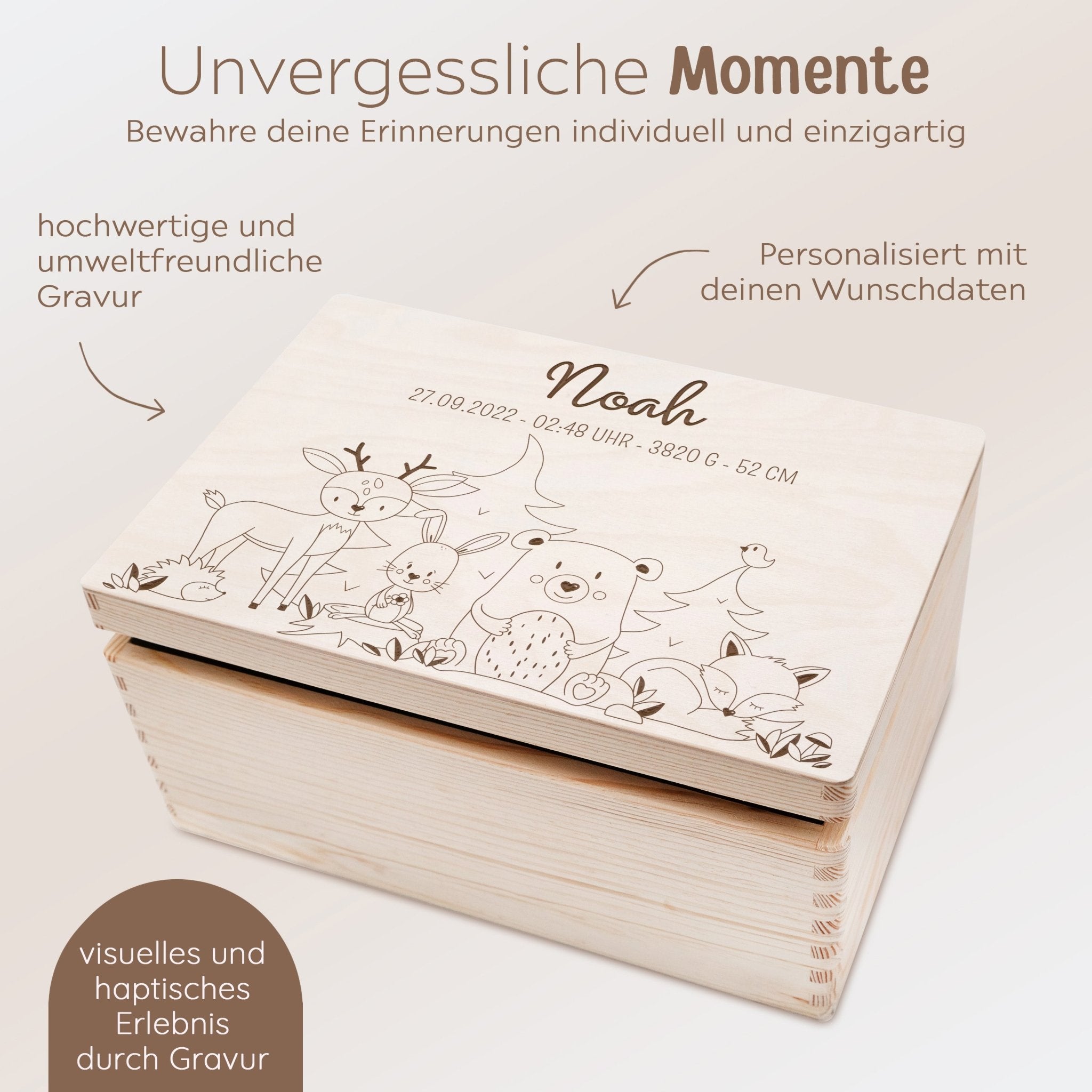Erinnerungsbox Holz mit Wunschdaten – Waldfreunde Gravur - wunderwunsch