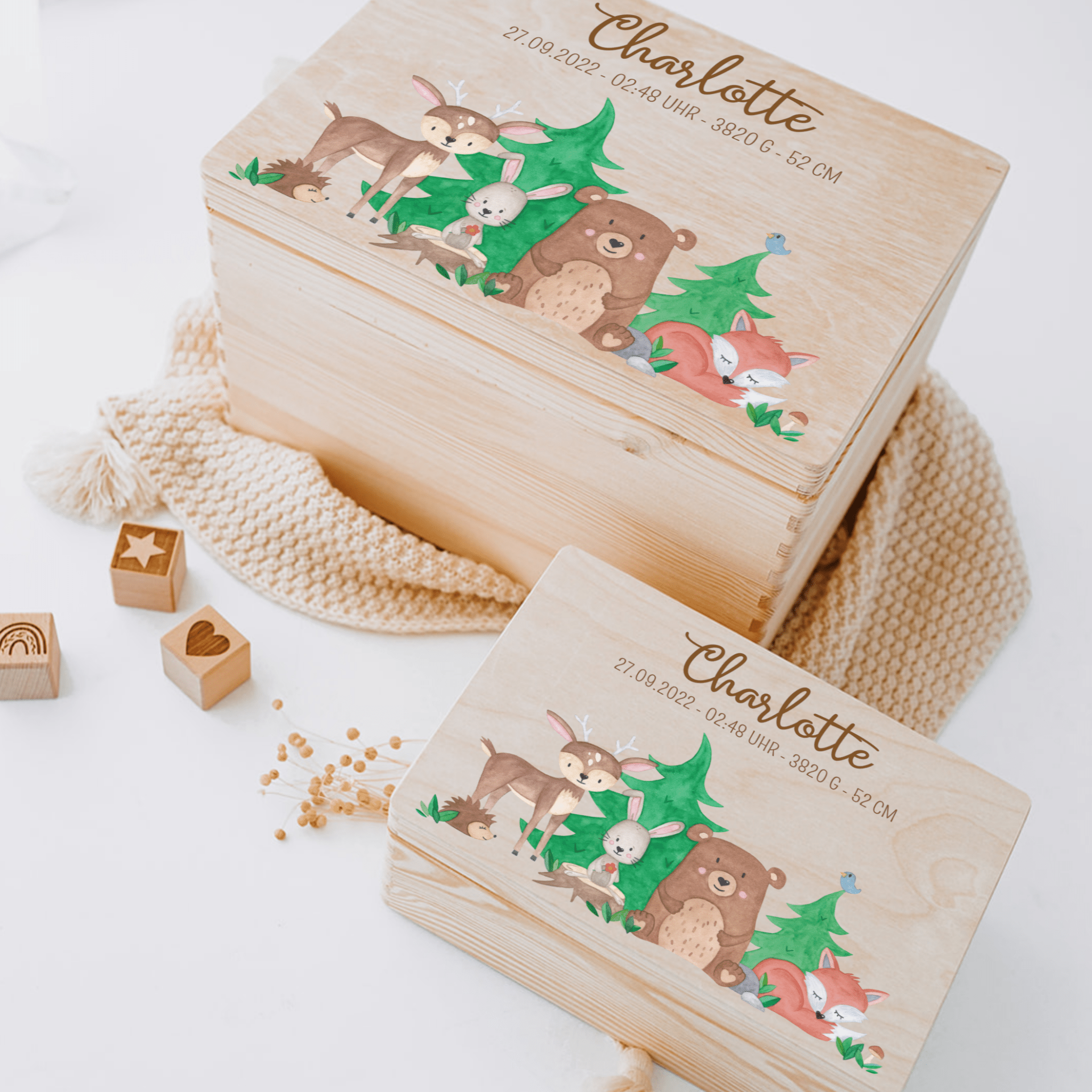 Erinnerungsbox Holz mit Wunschdaten – Waldtiere Aquarell - wunderwunsch