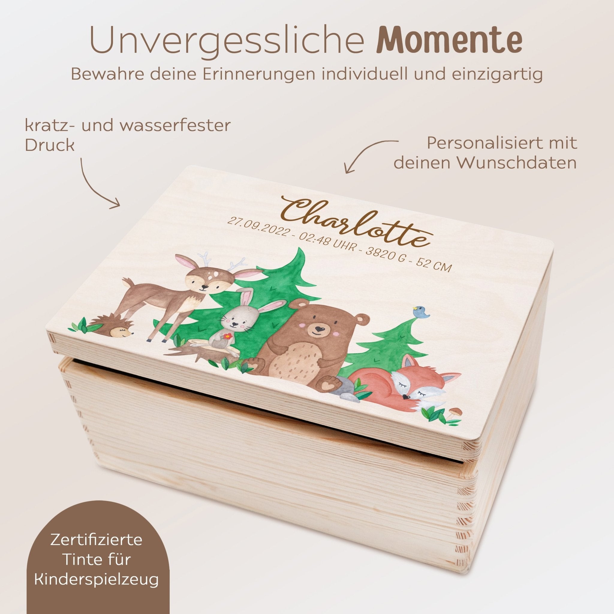 Erinnerungsbox Holz mit Wunschdaten – Waldtiere Aquarell - wunderwunsch