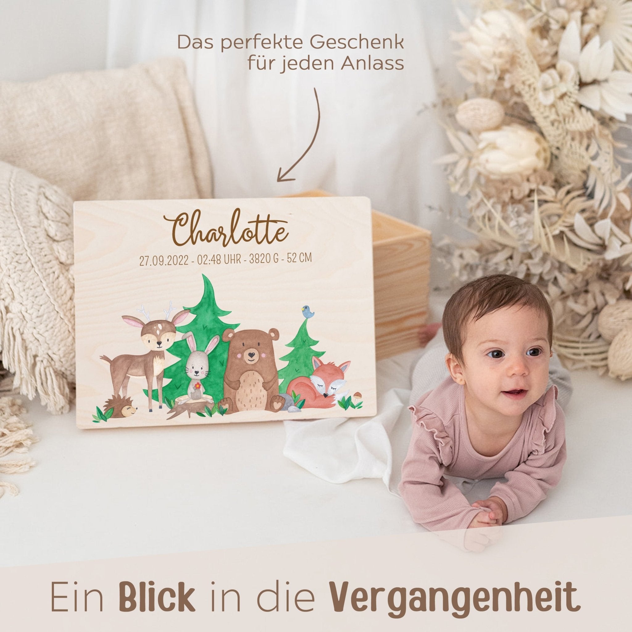 Erinnerungsbox Holz mit Wunschdaten – Waldtiere Aquarell - wunderwunsch