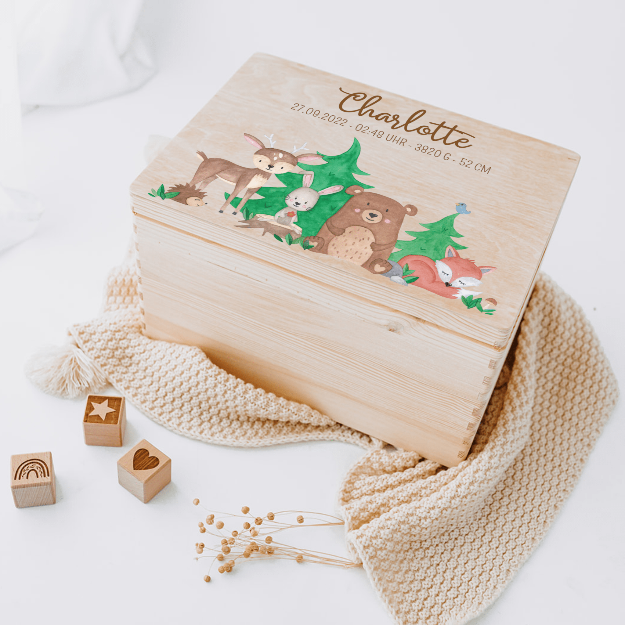 Erinnerungsbox Holz mit Wunschdaten – Waldtiere Aquarell - wunderwunsch