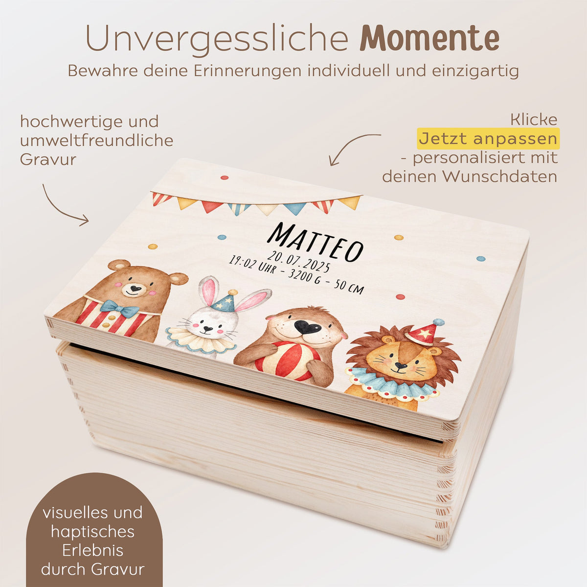 Erinnerungsbox Holz mit Wunschdaten – Zirkustiere unten Girlande Aquarell - wunderwunsch