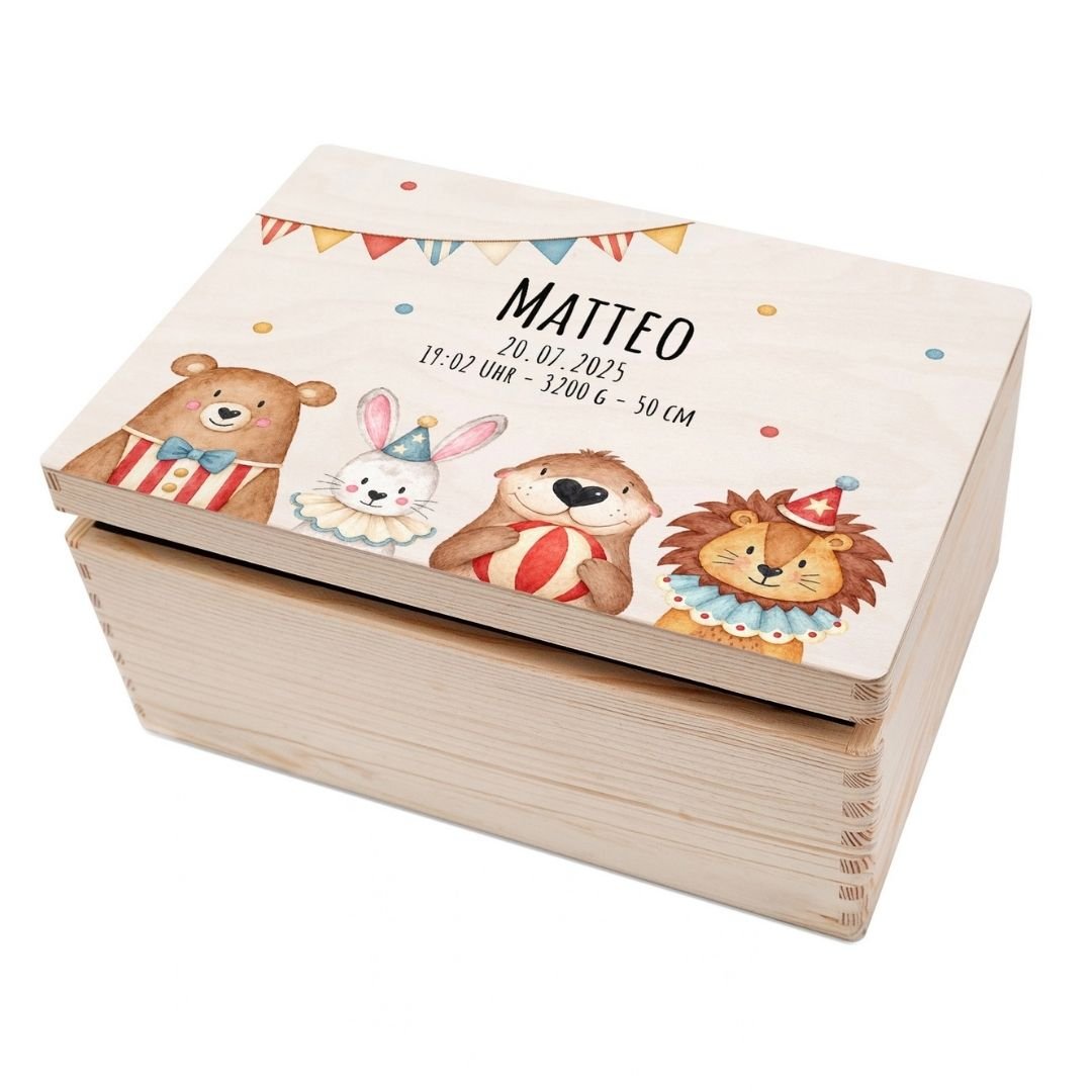 Erinnerungsbox Holz mit Wunschdaten – Zirkustiere unten Girlande Aquarell - wunderwunsch