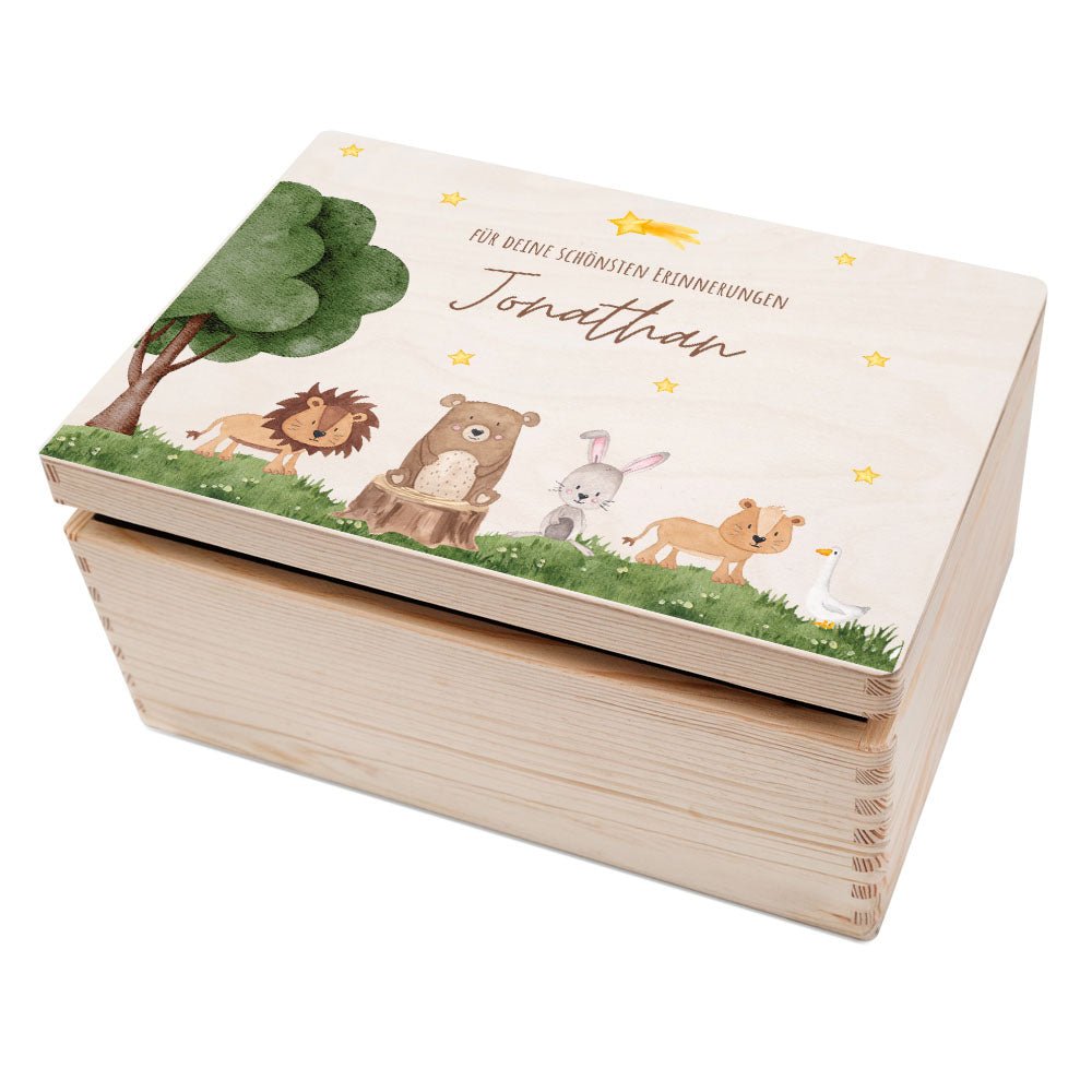 Erinnerungsbox Holz mit Wunschname – Tiere unterm Sternenhimmel Aquarell - wunderwunsch