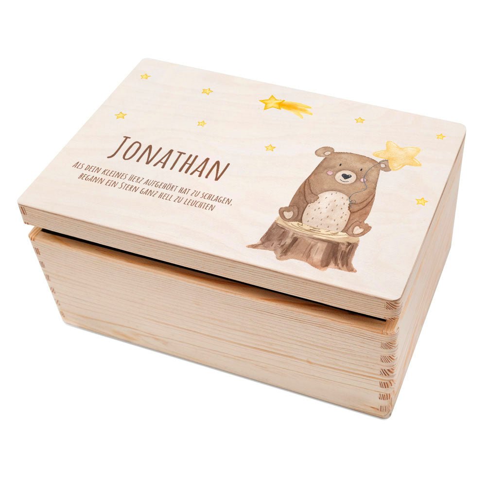 Erinnerungsbox Holz "Sternenkind" mit Wunschname – Bär Aquarell - wunderwunsch