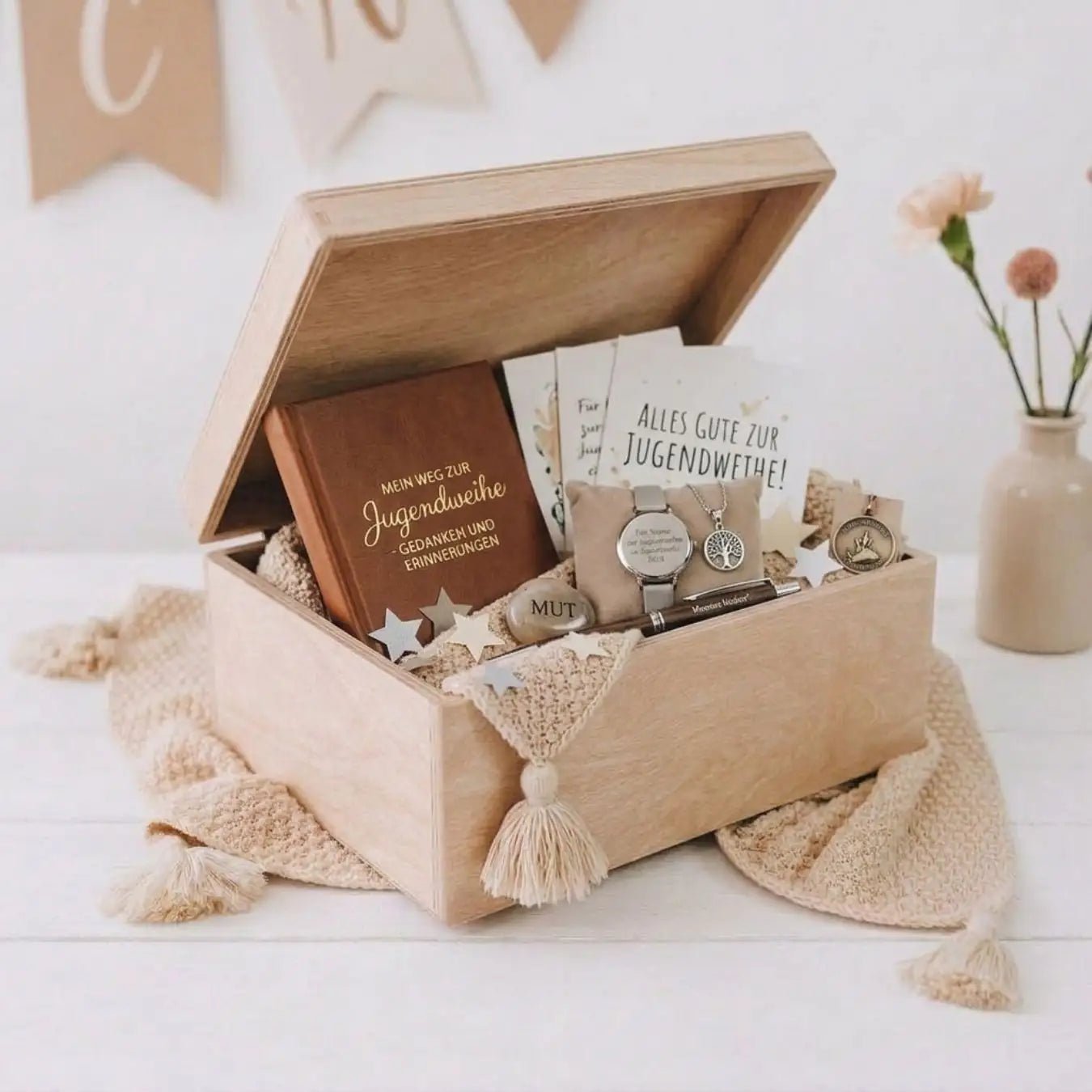 Erinnerungsbox Holz "Zu deiner Jugendweihe" mit Wunschdaten - Herz Gravur - wunderwunsch