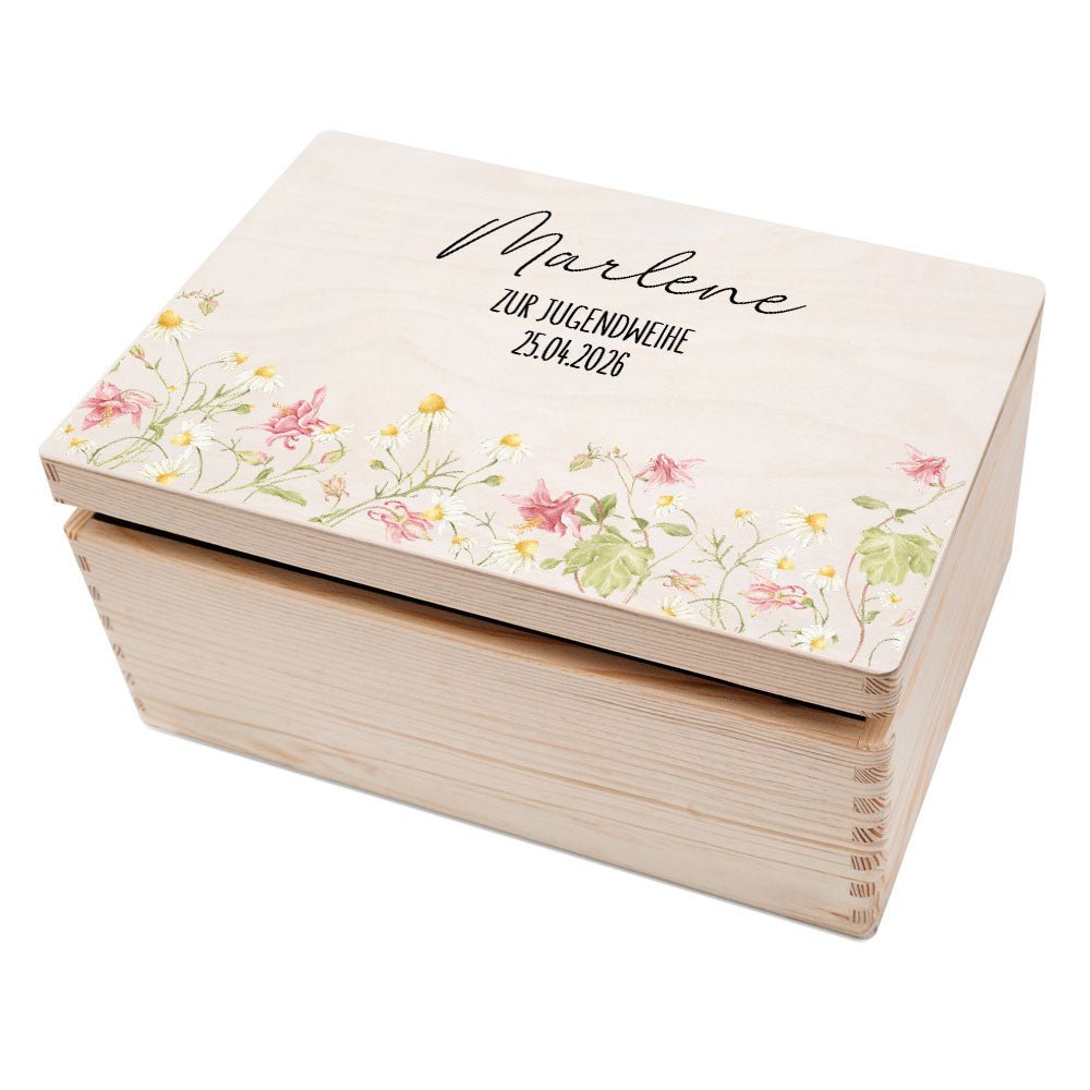 Erinnerungsbox Holz "Zur Jugendweihe" mit Wunschdaten - Blumen Aquarell - wunderwunsch