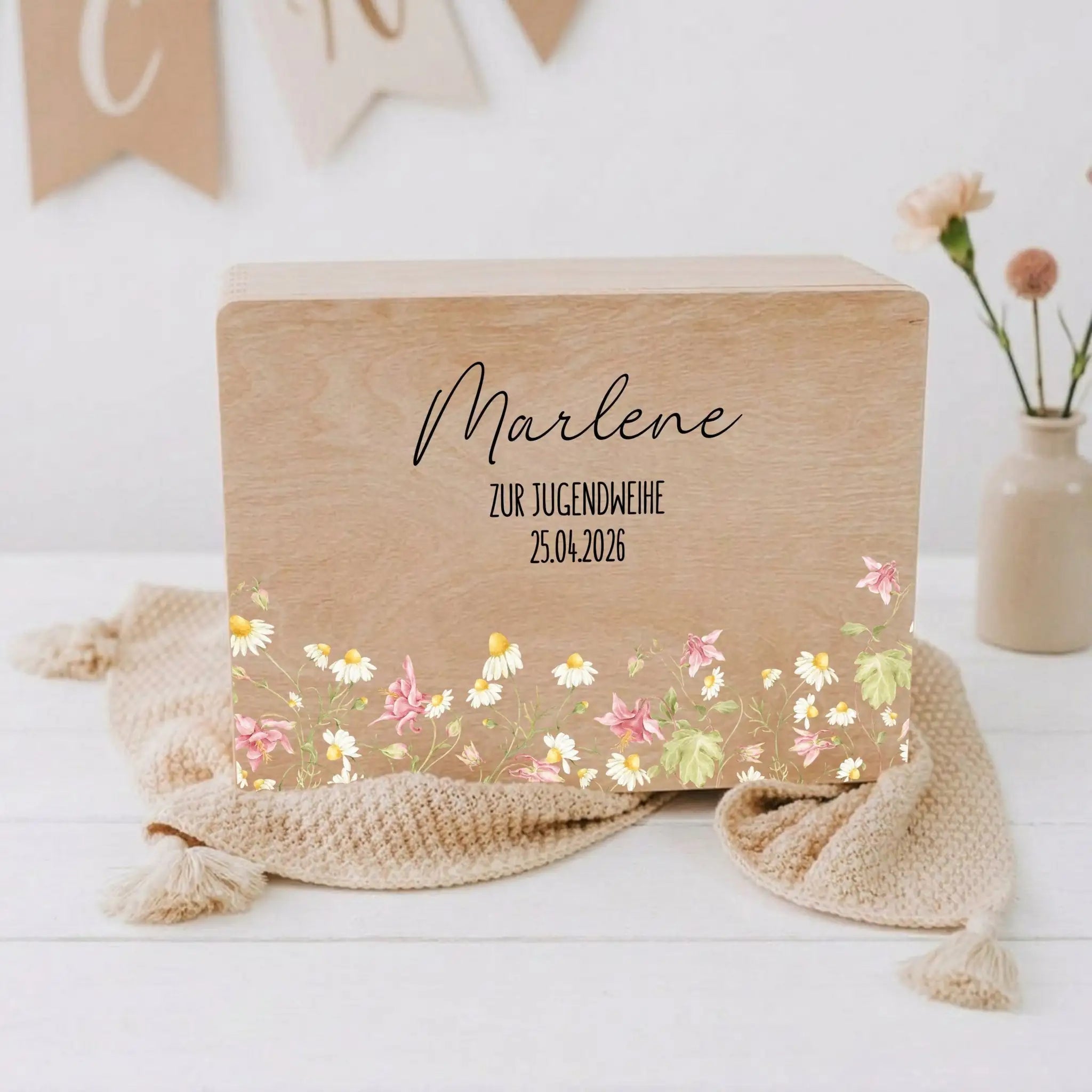 Erinnerungsbox Holz "Zur Jugendweihe" mit Wunschdaten - Blumen Aquarell - wunderwunsch