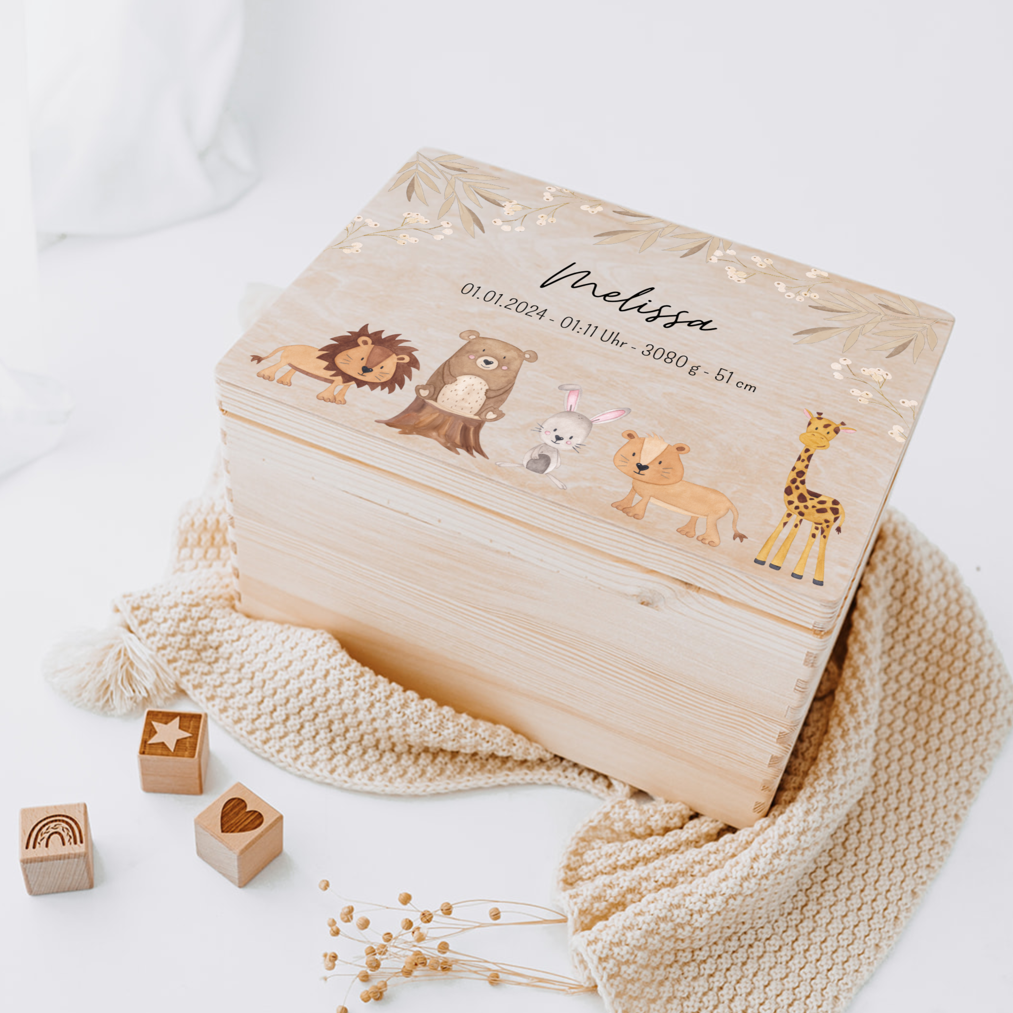 Erinnerungsbox Baby personalisiert - Tiere Zweige beige Aquarell