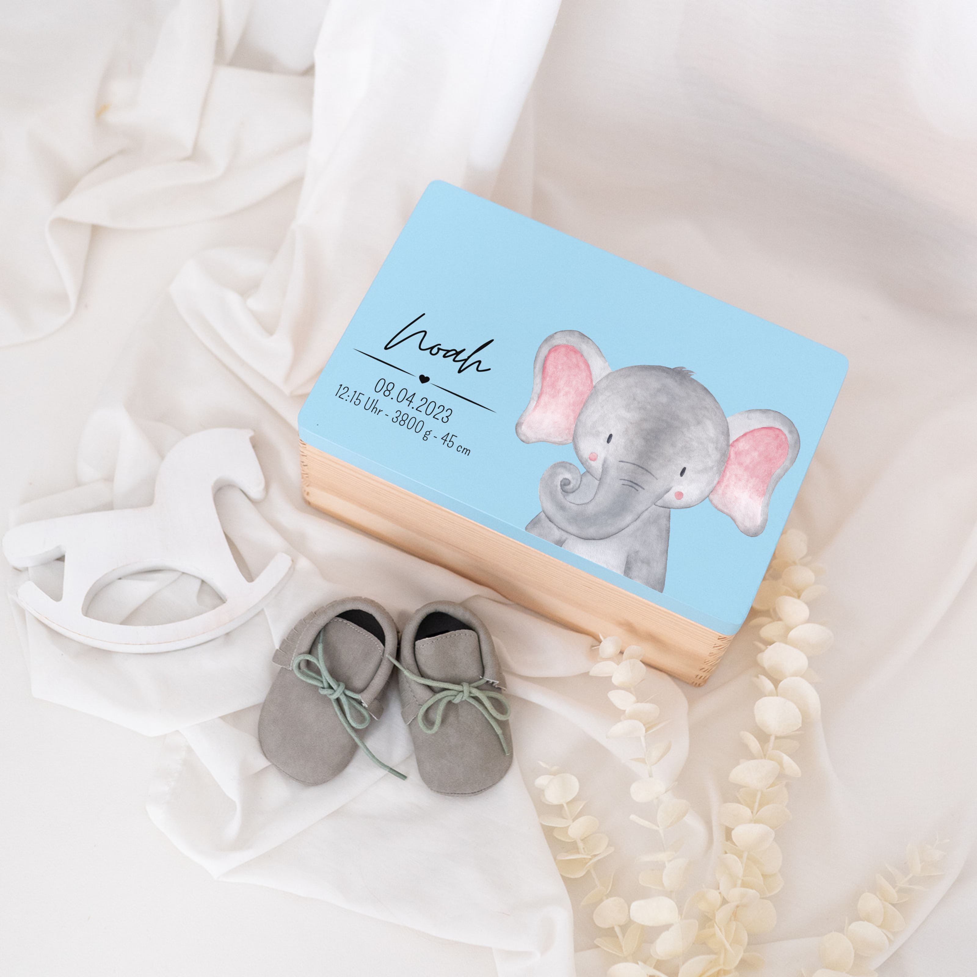 Farbige Erinnerungsbox Baby personalisiert - Tier Aquarell