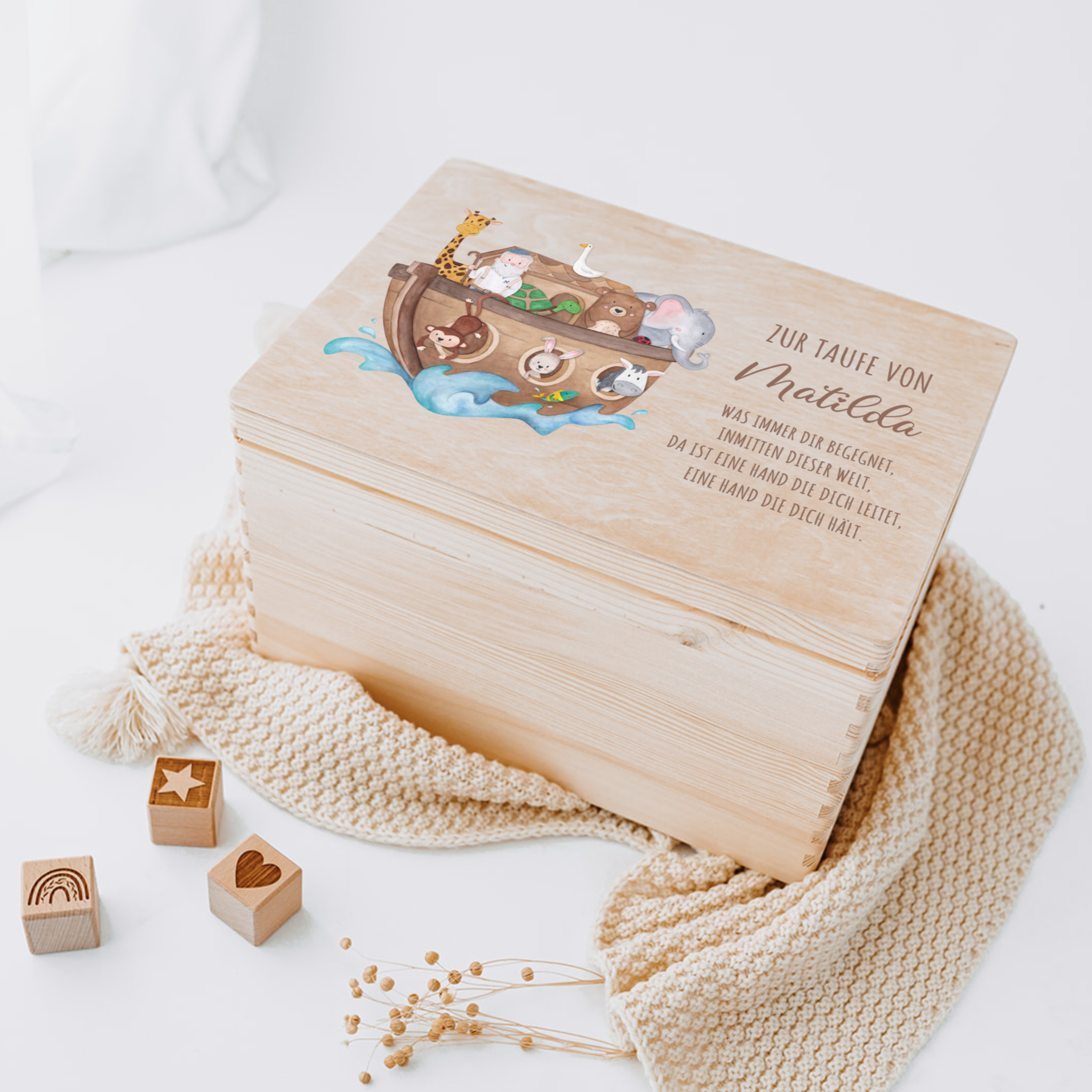 Erinnerungsbox Baby personalisiert - Taufe Arche Noah Tiere Aquarell