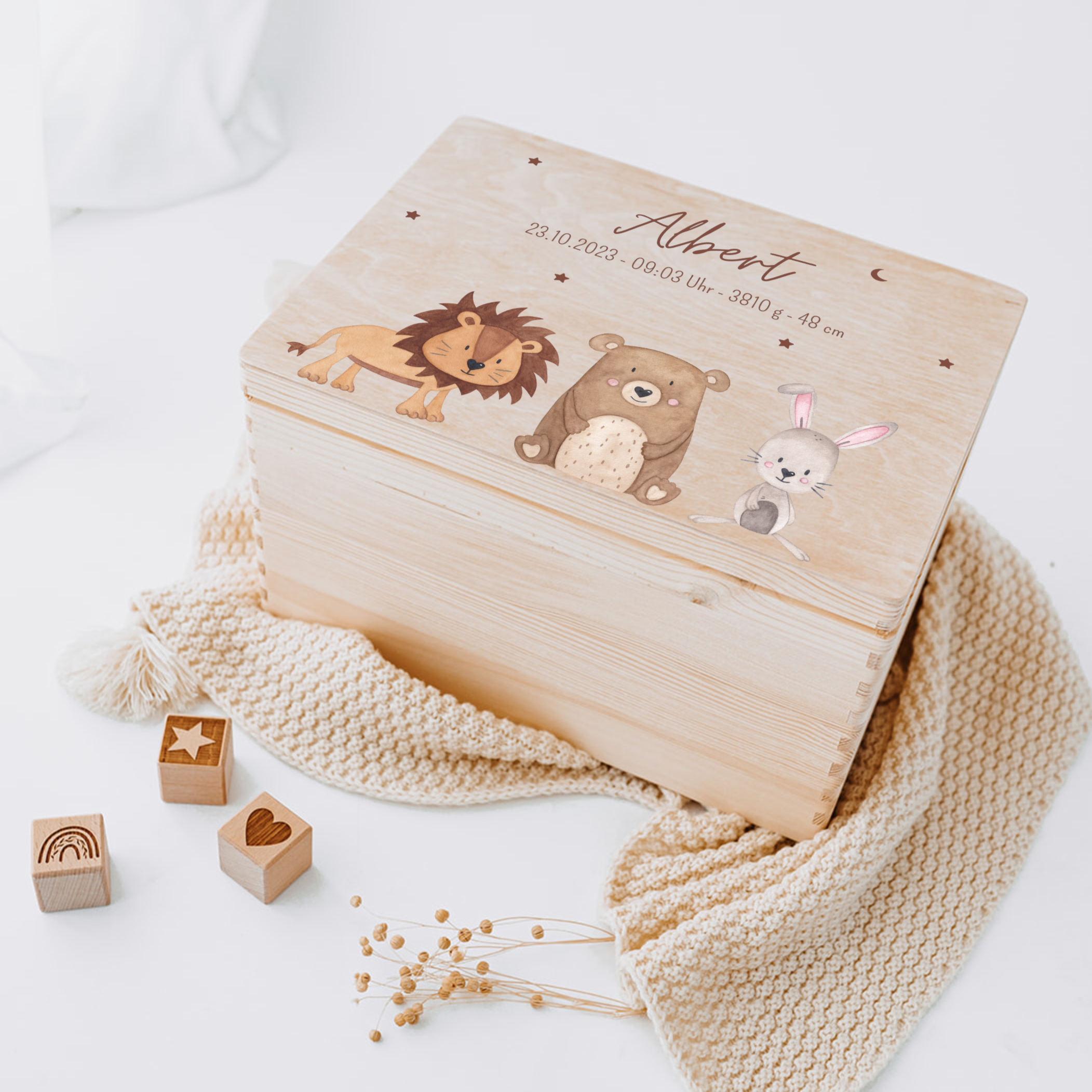 Erinnerungsbox Baby personalisiert - Tiere Sternenhimmel Aquarell