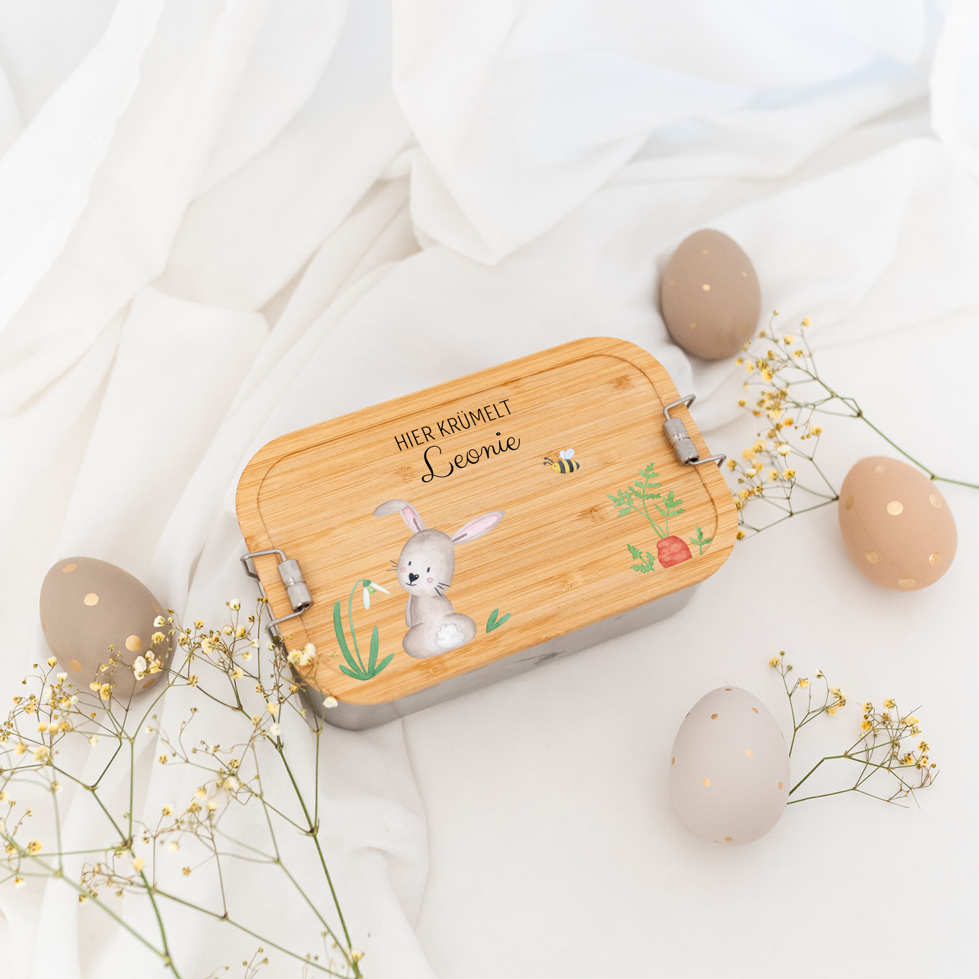 Brotdose Edelstahl personalisiert - Osterhase und Eiersuche Aquarell